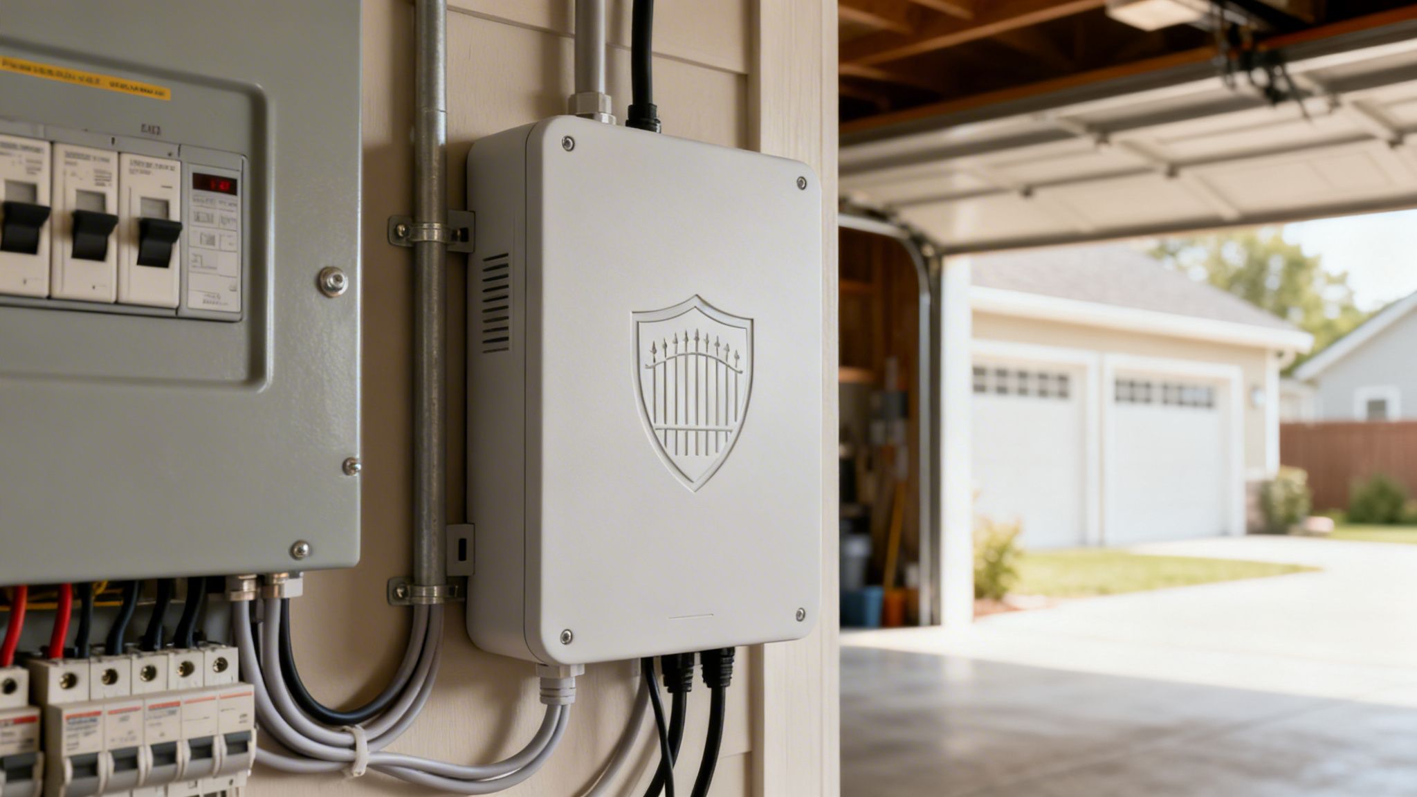 A white whole home surge protector box mounted next to an electrical panel on a wall.