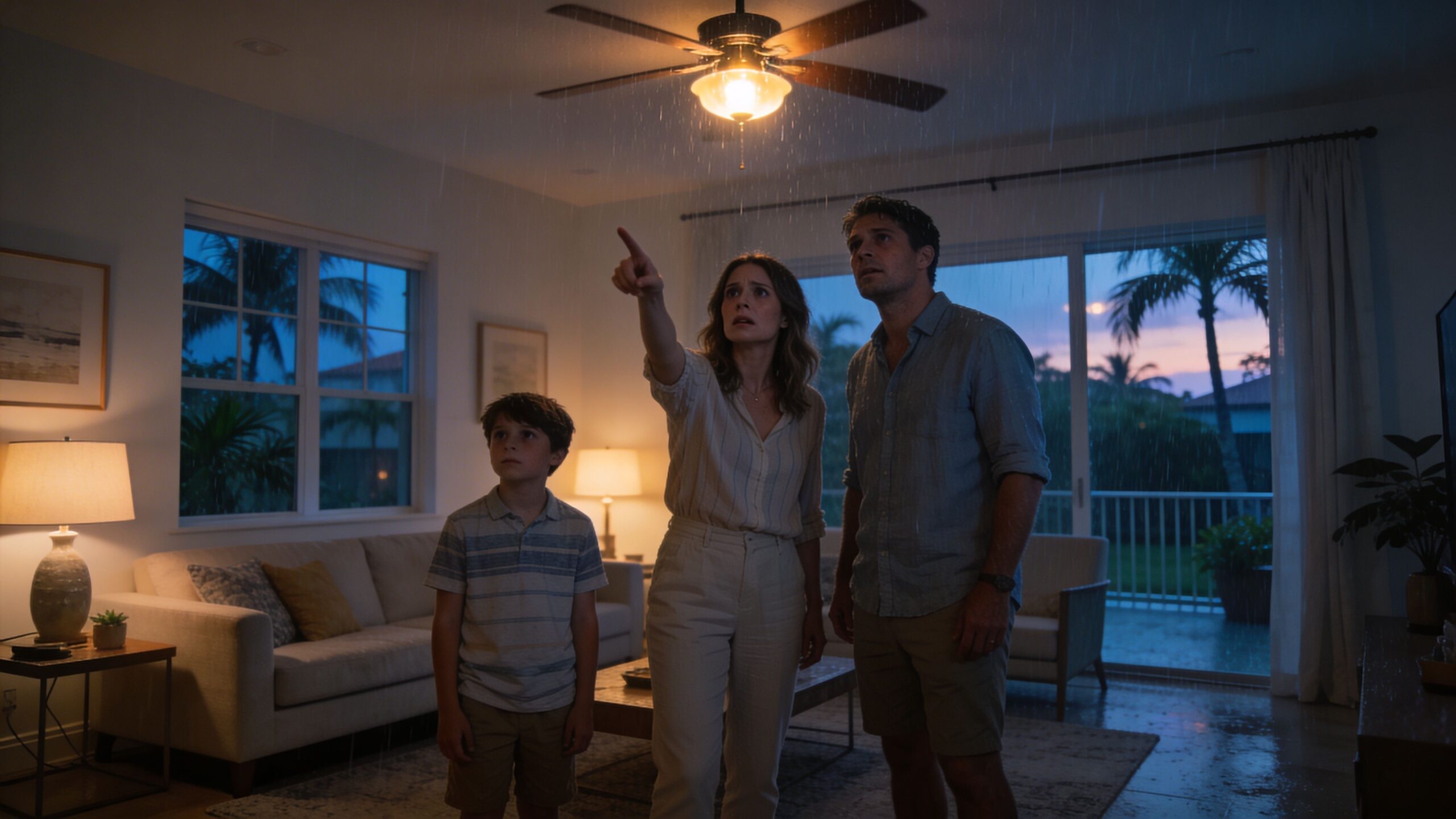 A concerned family looks up at their ceiling as rain leaks into their living room indoors.