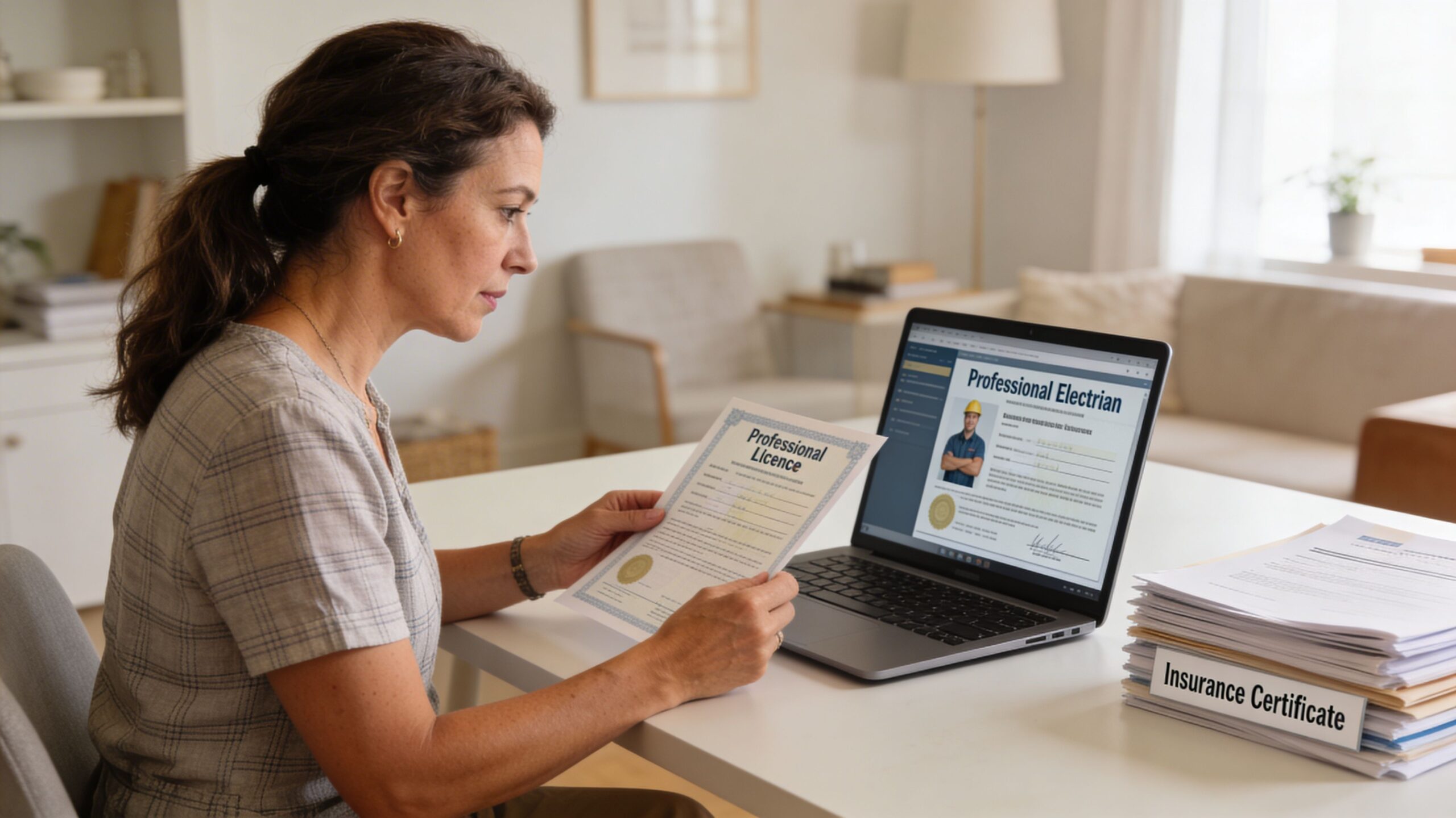 A woman reviewing a professional electrician license and insurance certificate while using a laptop computer at home.