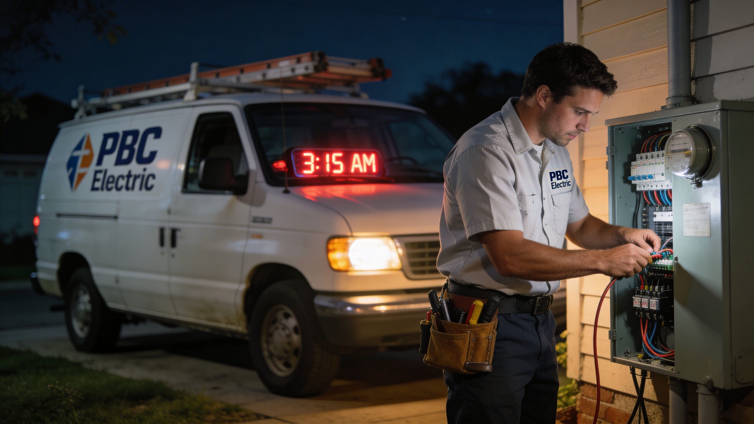 A professional electrician performing night repairs on an outdoor electrical panel next to a service van.