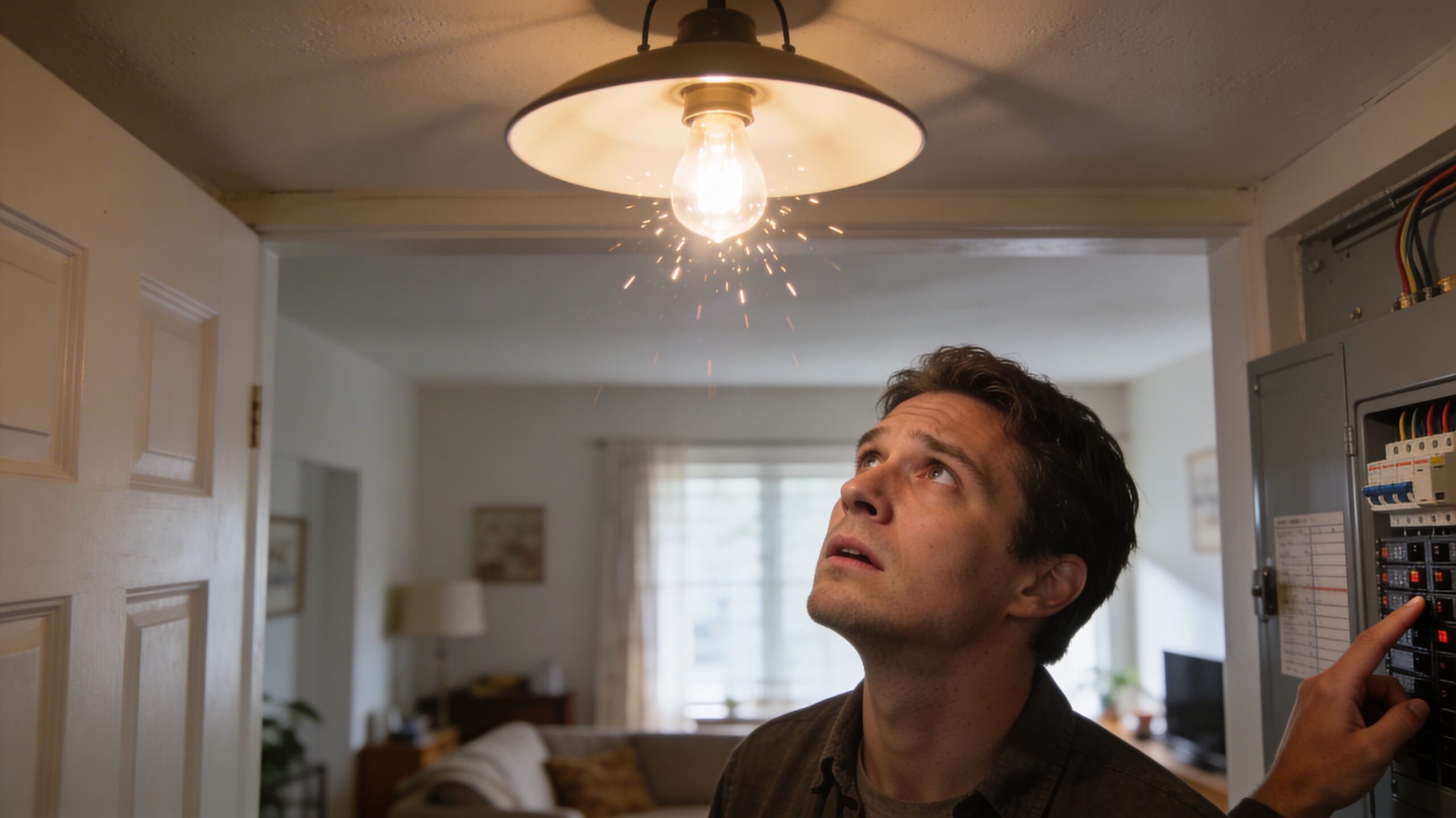 A concerned man looks up at a flickering, sparking light bulb while touching a circuit breaker panel.