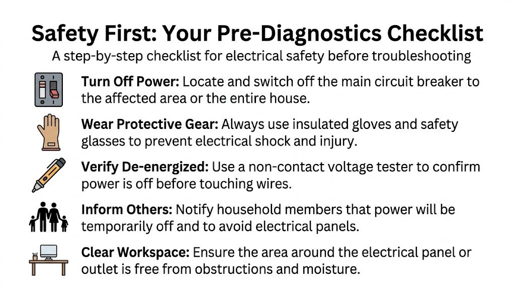 A safety checklist infographic for troubleshooting electrical issues, highlighting steps like turning off power and wearing protective gear.