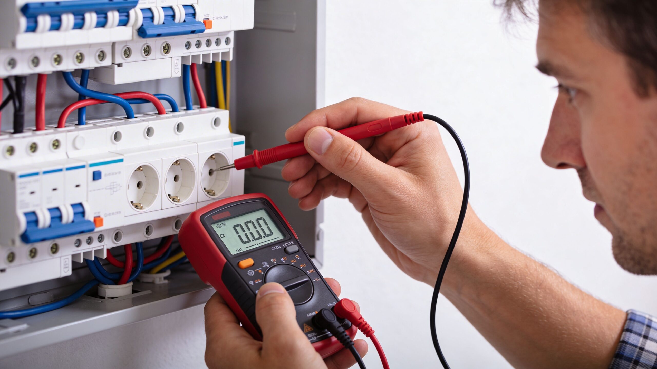 An electrician carefully measuring voltage on an electrical distribution board using a digital multimeter device.