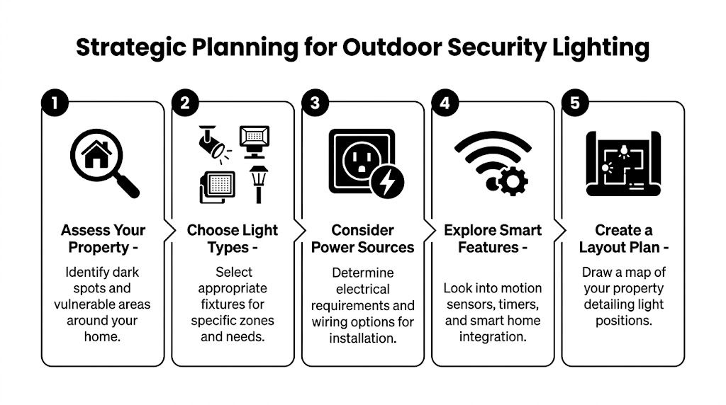A five-step infographic guide detailing the strategic planning process for installing effective outdoor security lighting.