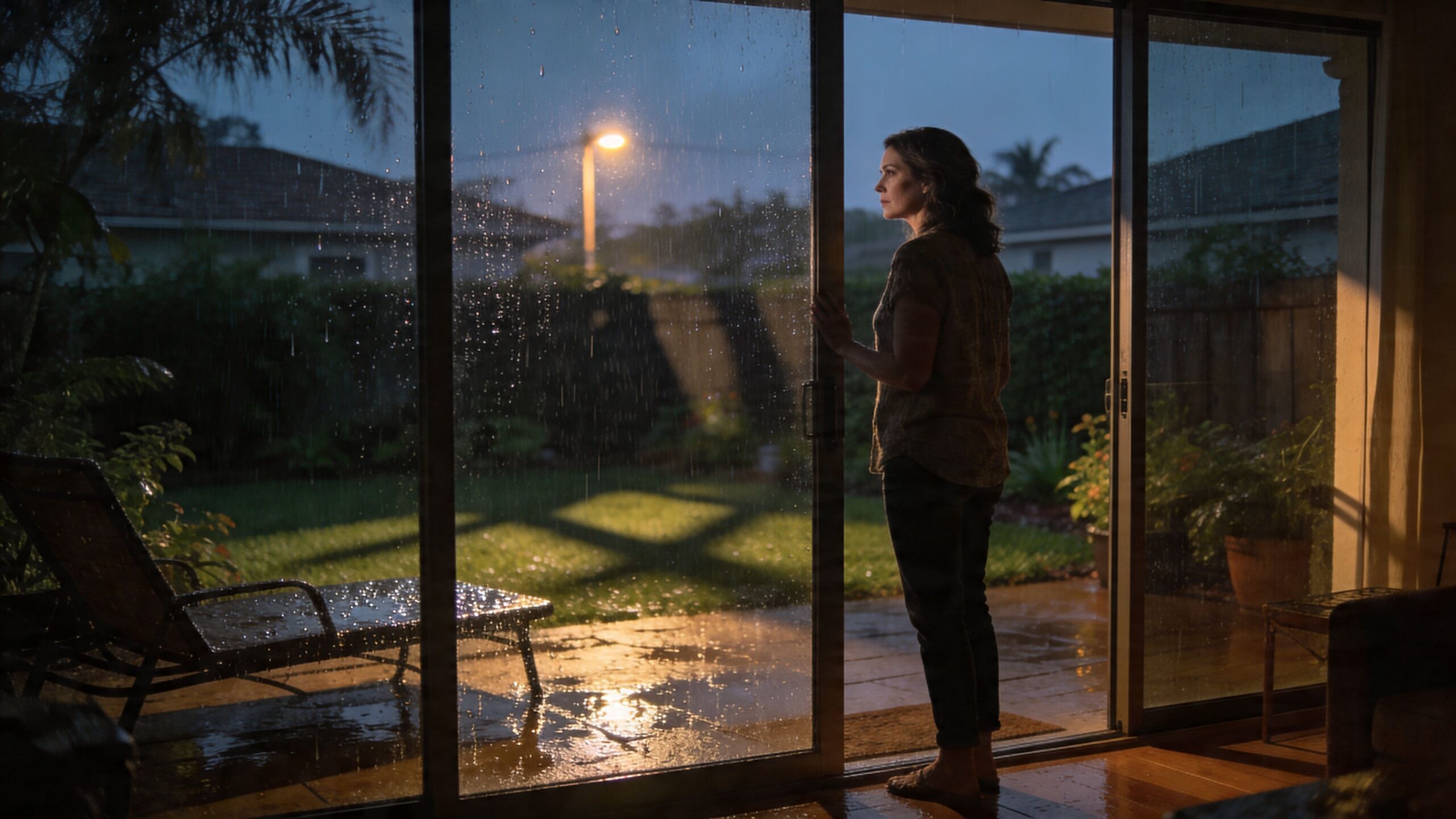 A woman looks out through a glass door at a rainy evening in a residential backyard.