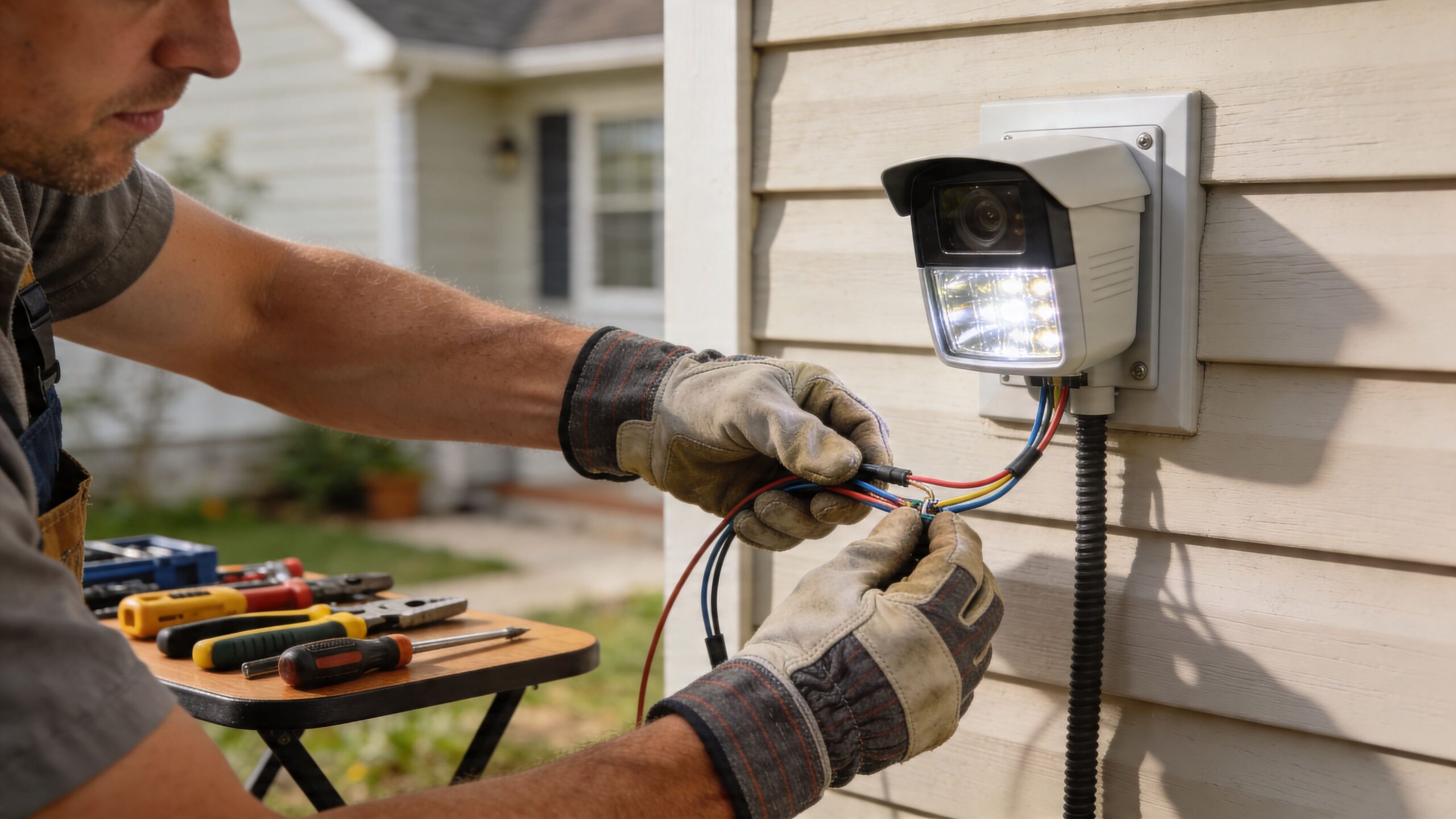 A professional electrician wearing gloves installing an outdoor security light with a camera on a house wall.