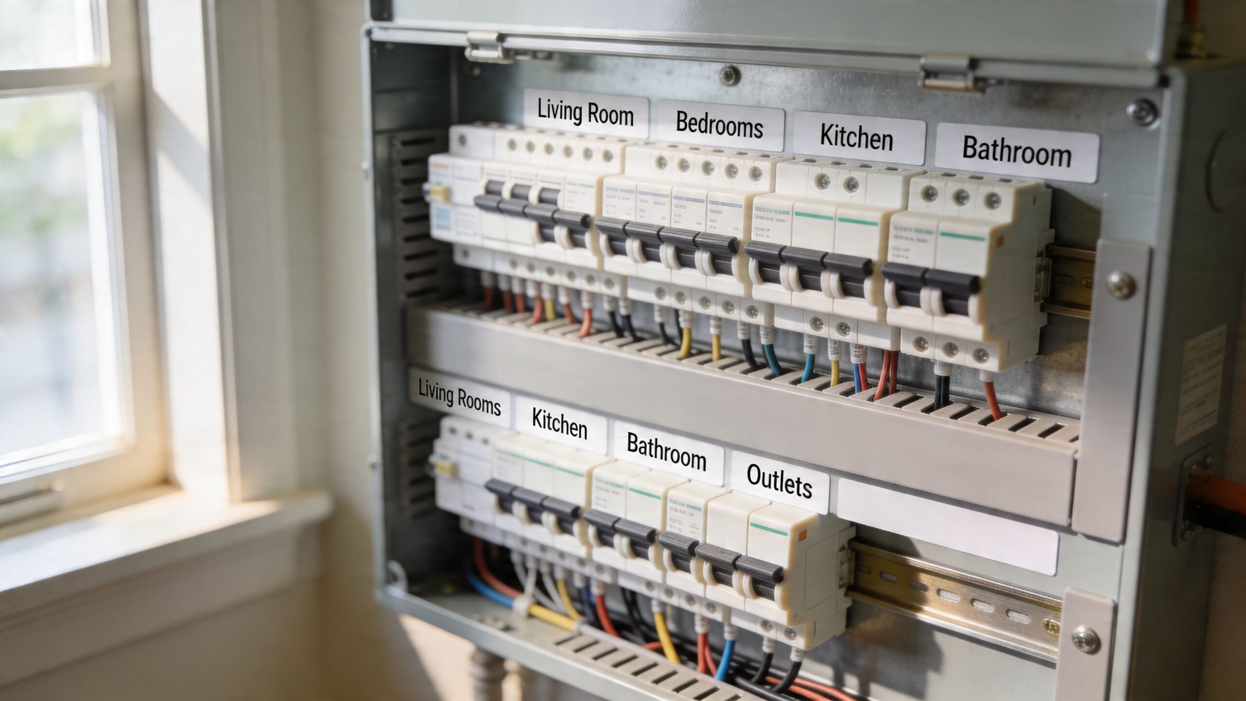 An open electrical breaker box mounted on a wall near a window with labeled circuit breakers.