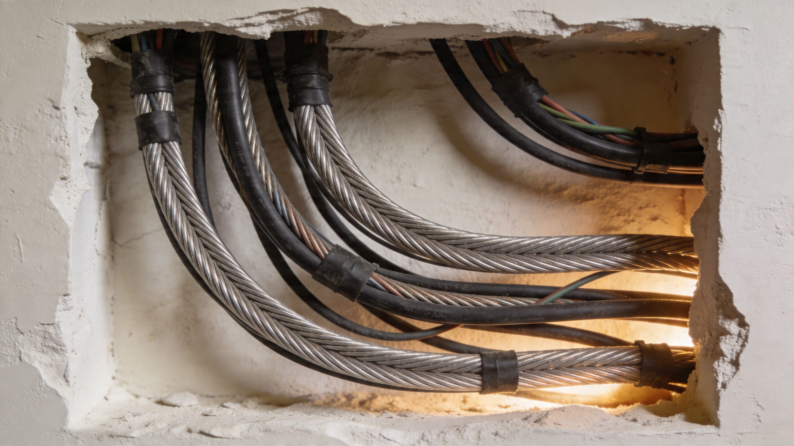 Exposed thick electrical cables inside a wall cutout showing proper wiring for home electrical safety systems
