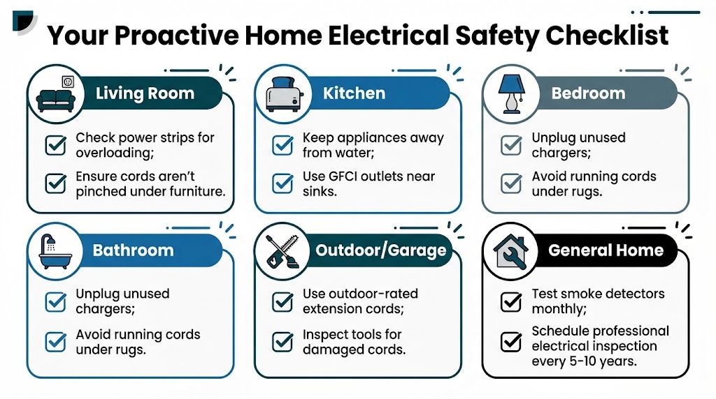 A helpful home electrical safety checklist infographic providing tips to prevent hazards in every room of house.