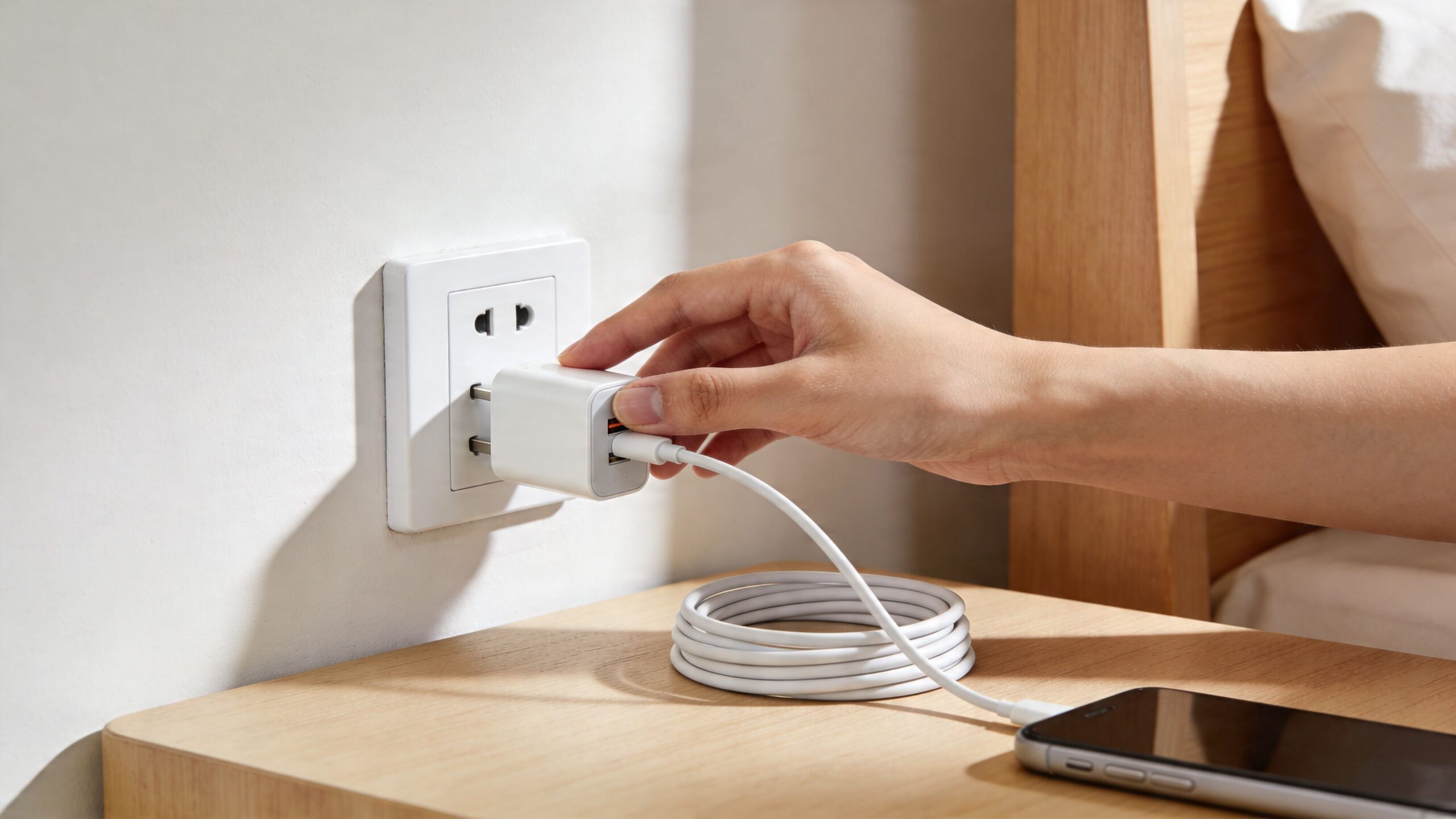 A person plugging a white wall charger into an electrical outlet near a bedside table.