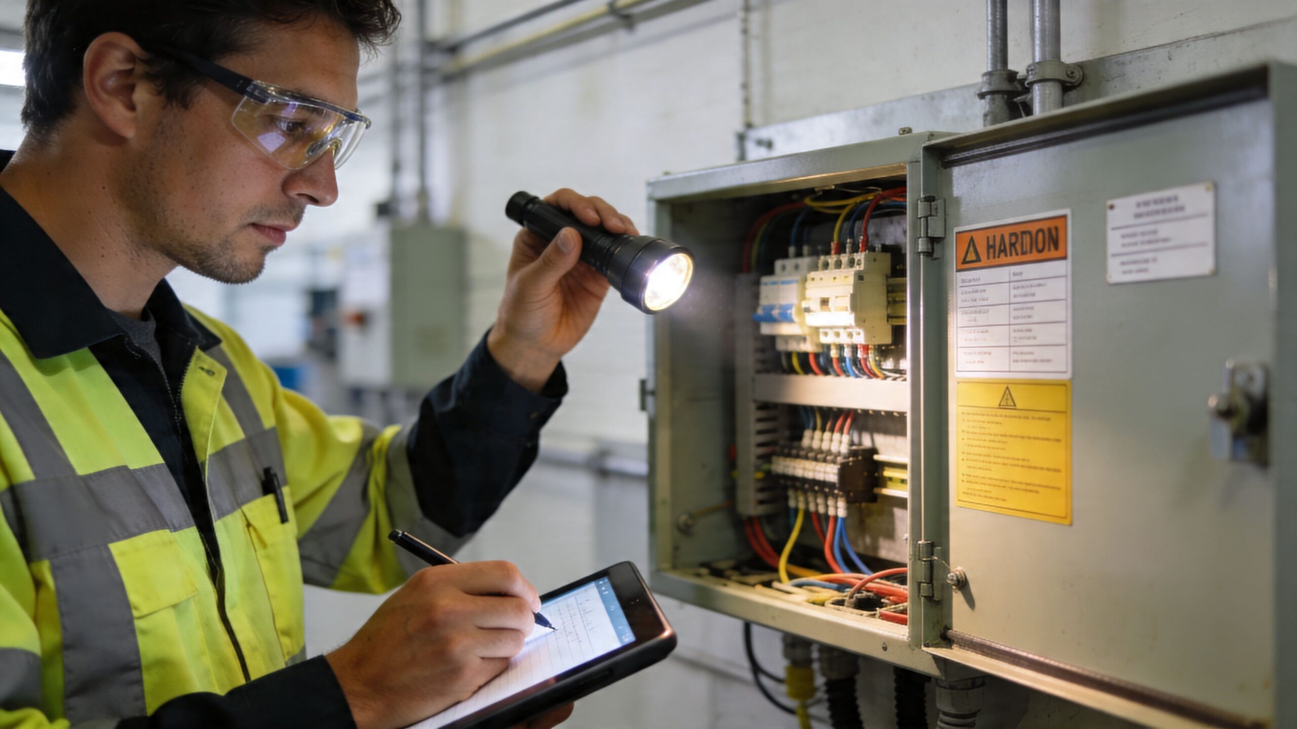 A professional electrician in safety gear inspecting a circuit board with a flashlight and digital tablet.