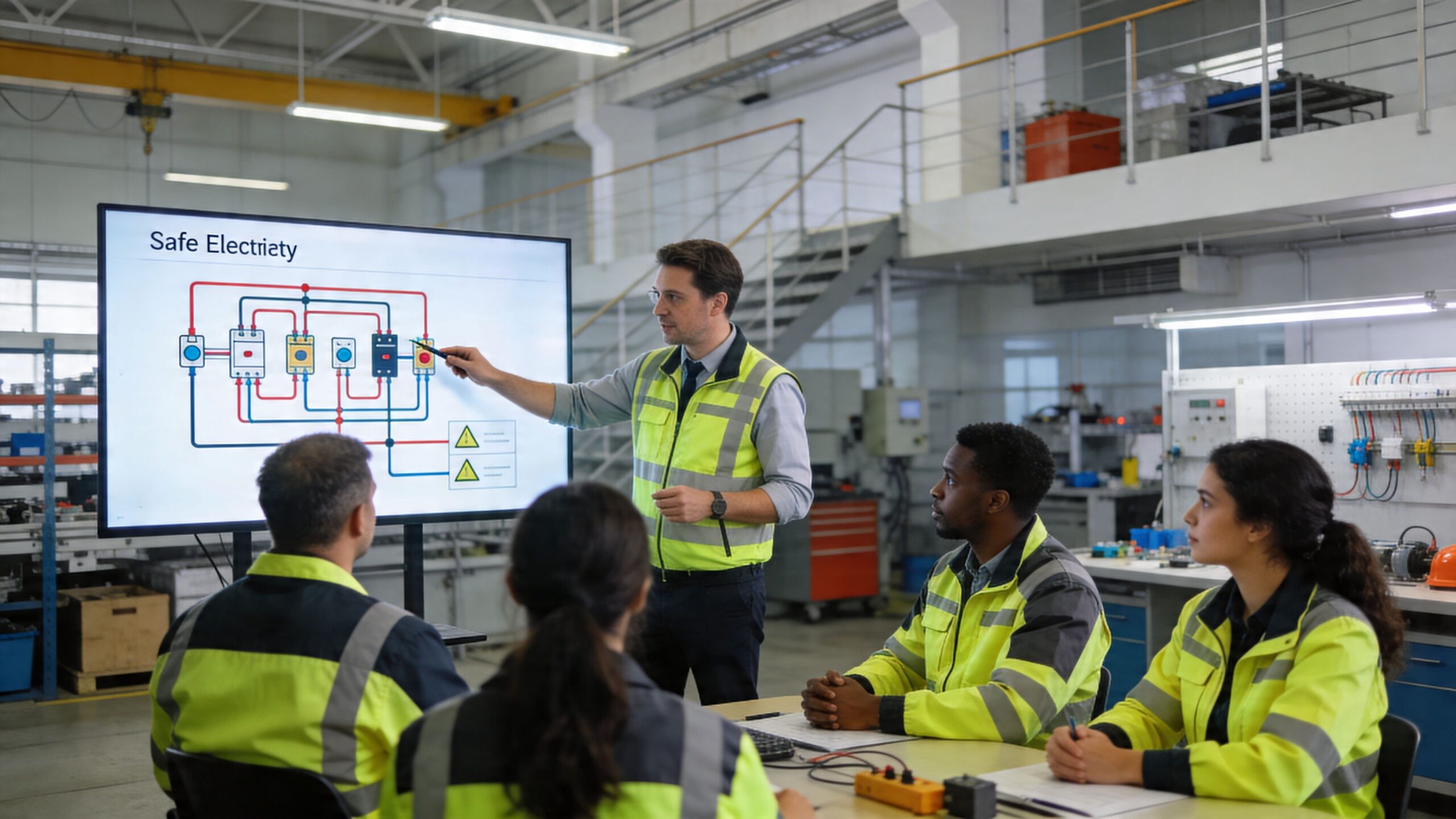 A professional instructor leading a workplace electrical safety training session for a group of attentive industrial workers.