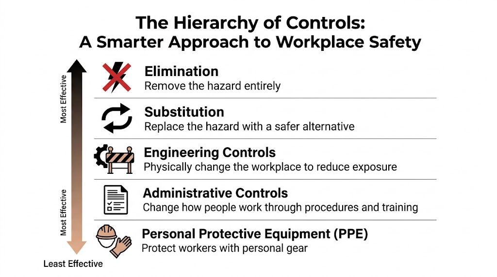 A chart showing the five levels of the hierarchy of controls for workplace safety and hazard reduction.