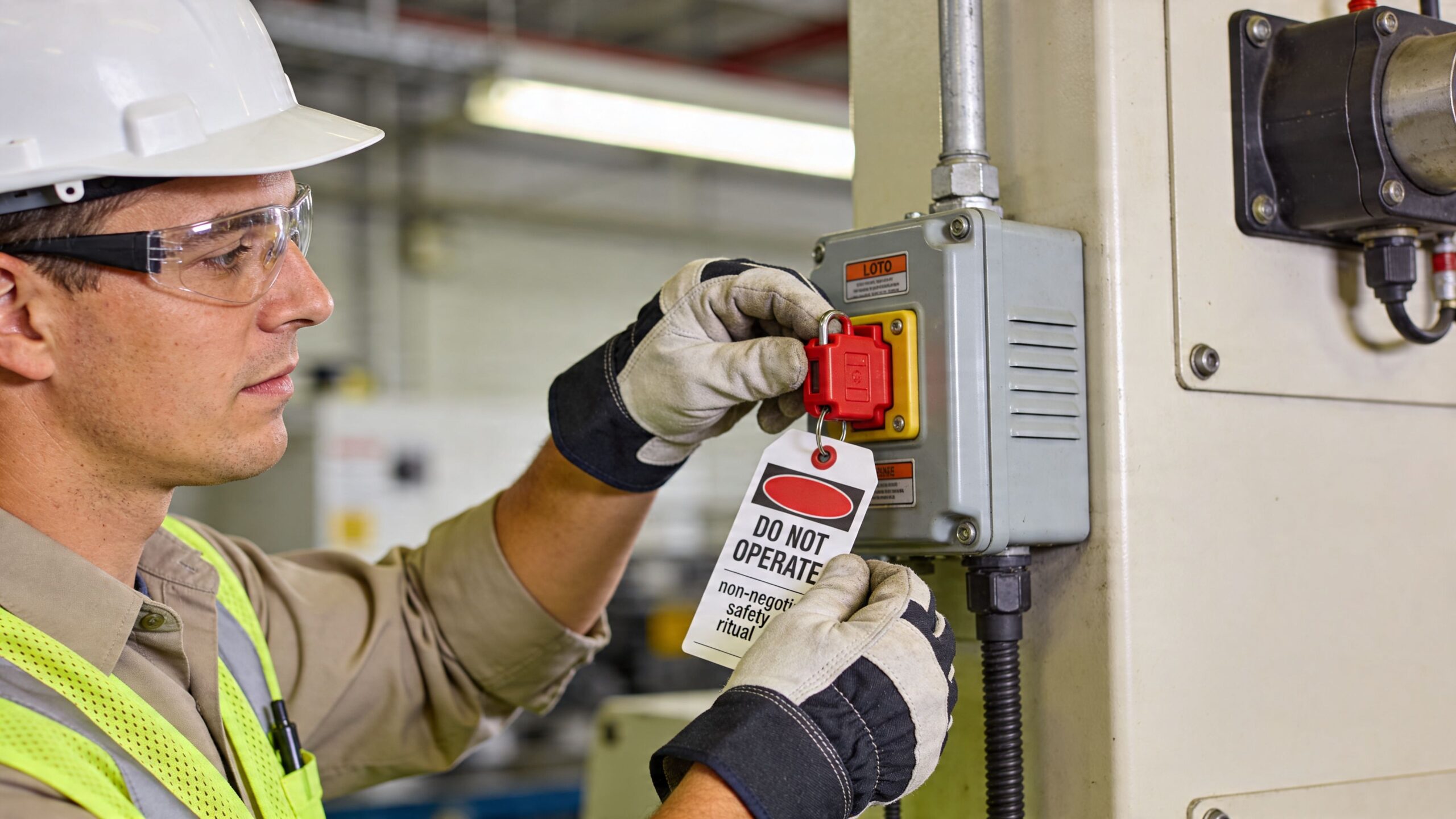 A factory worker wearing safety gear applies a lockout tagout device to an industrial electrical switch.
