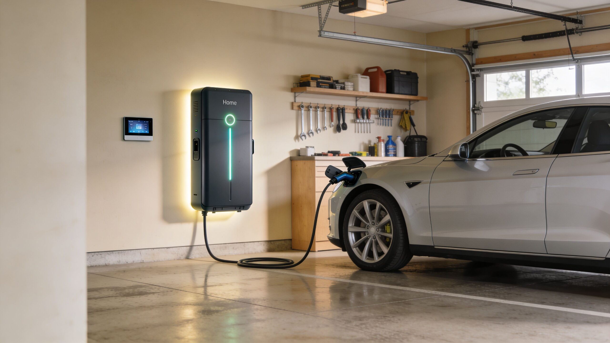 A modern electric vehicle charging at home using a sleek wall-mounted charging station in a garage.