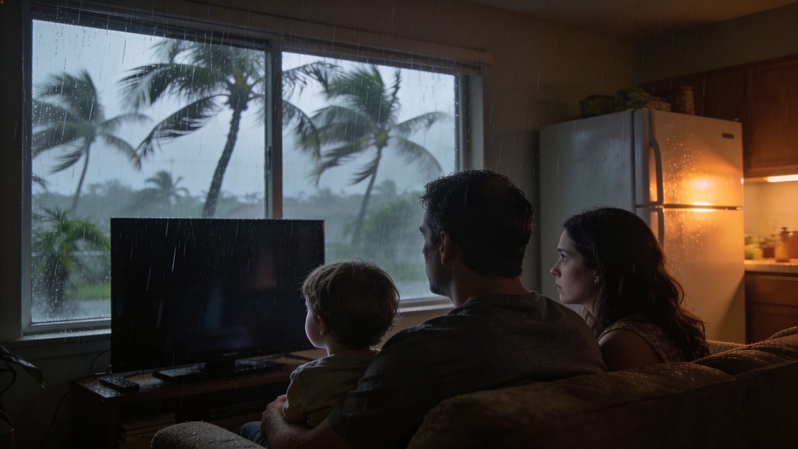 A family of three sitting on a sofa watching a dark television during a tropical storm outside.