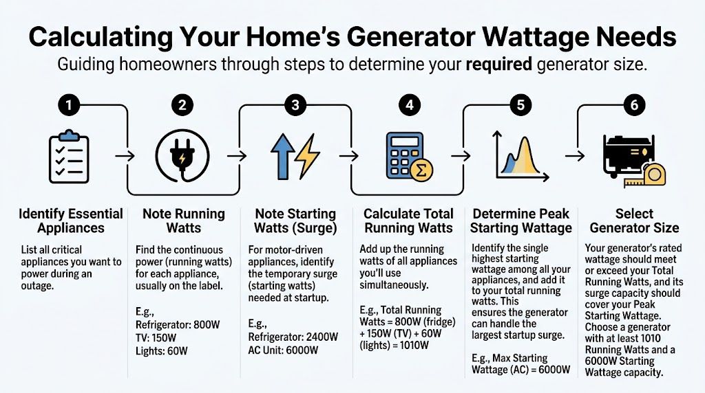 A six-step infographic guide explaining how to calculate the required generator wattage for your home appliances.