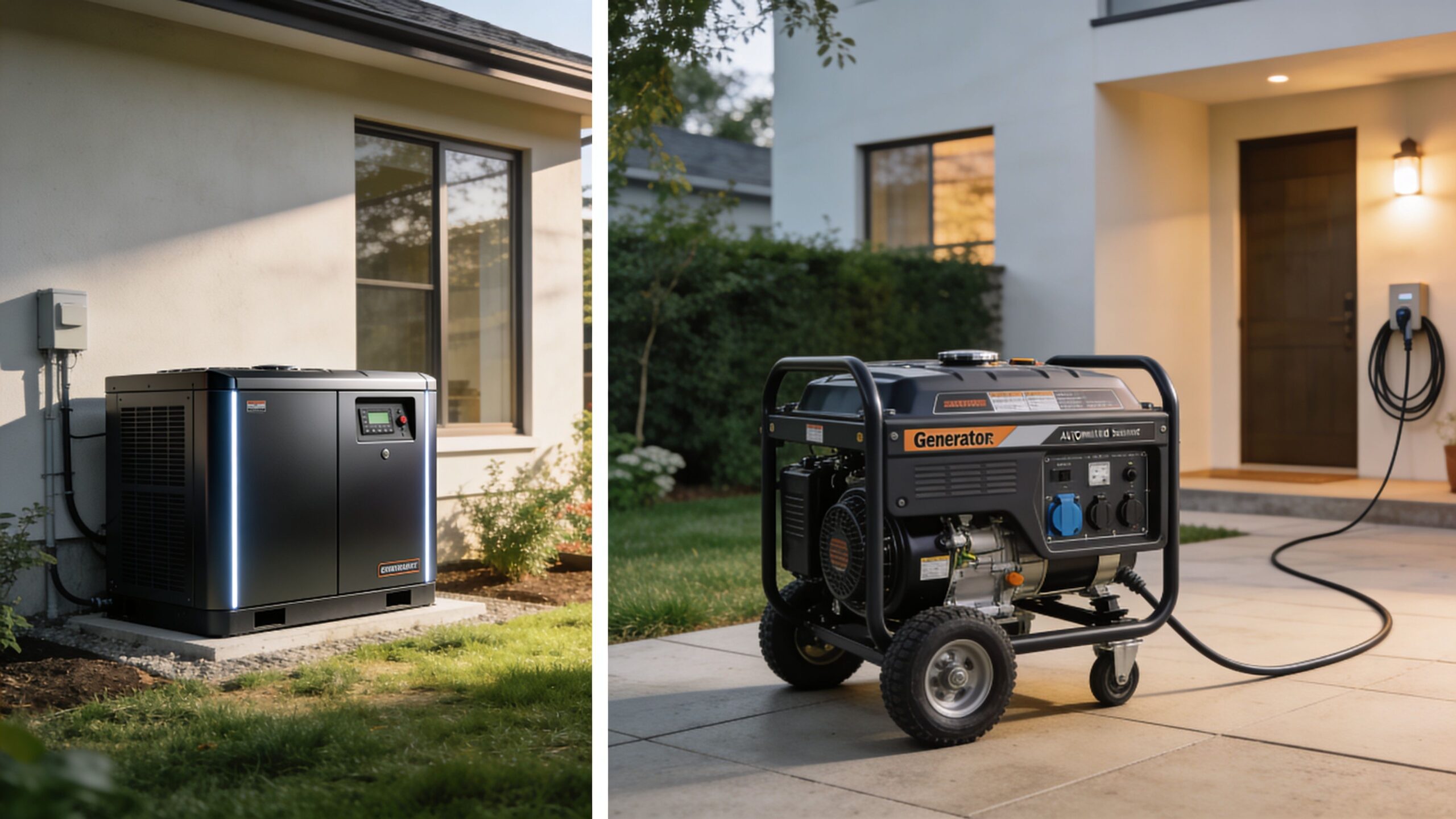 A split-screen comparison showing a stationary standby home generator and a portable power generator on a patio.
