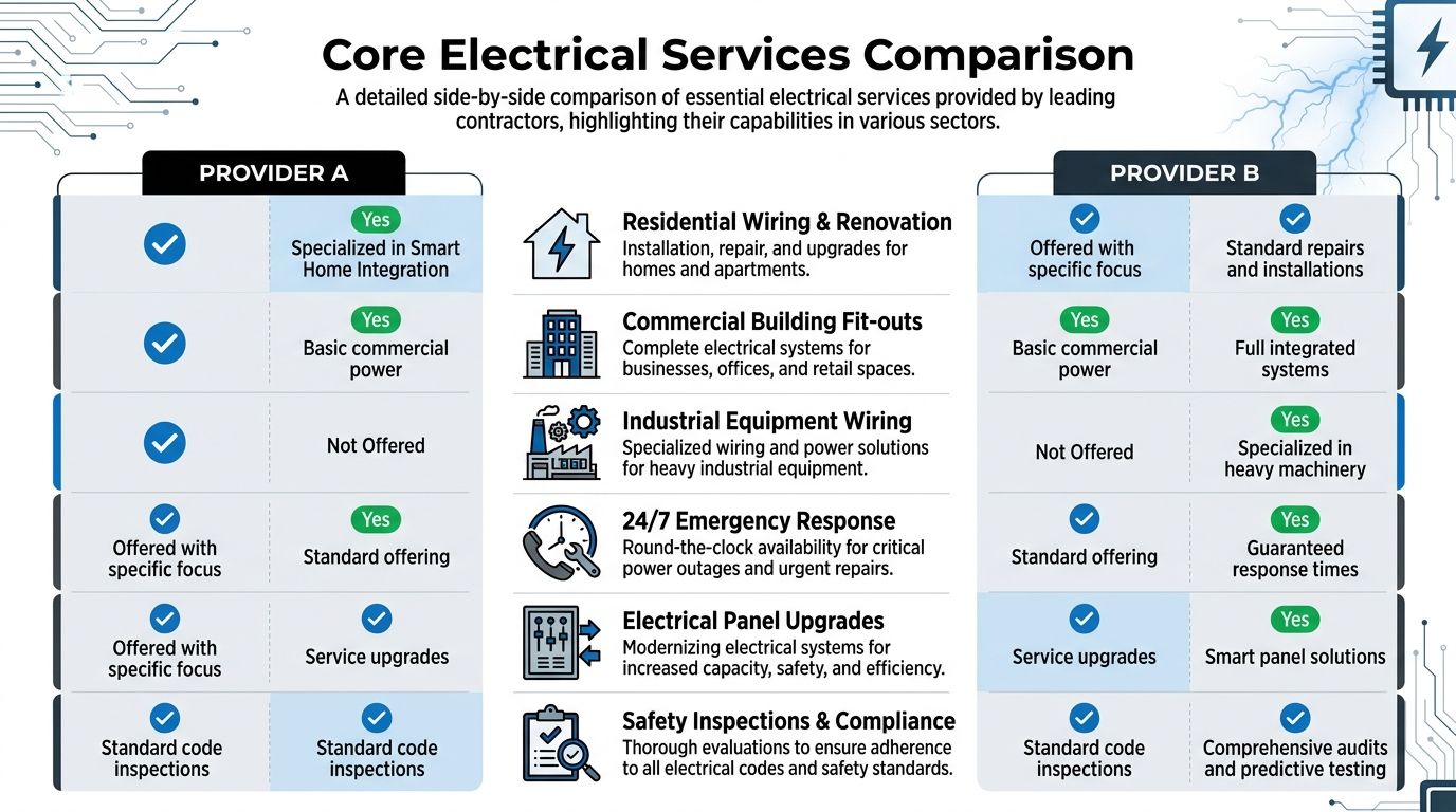 pike electric west palm beach electrical comparison Pike Electric West Palm Beach: Local Electrician Comparison When people look up pike electric west palm beach, they’re often comparing two very different types of electrical contractors without realizing it. One is built for utility infrastructure, grid work, and large regional deployments. The other is built for property-level response, troubleshooting, repairs, upgrades, and specialized local compliance. A comparison chart showing electrical service capabilities for Provider A and Provider B across various industry sectors.
