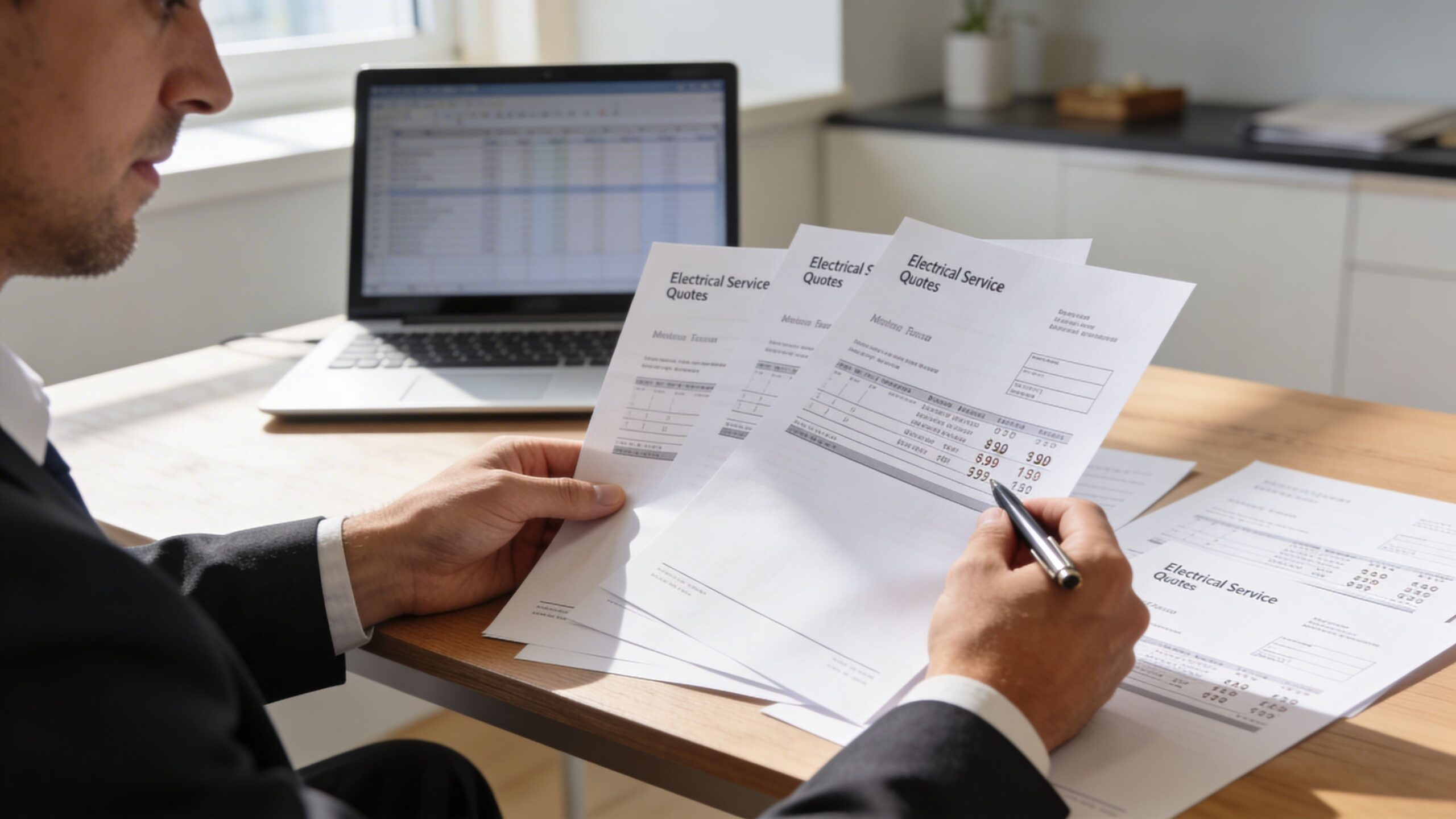 A professional man in a suit reviewing several electrical service quotes while working at his desk.