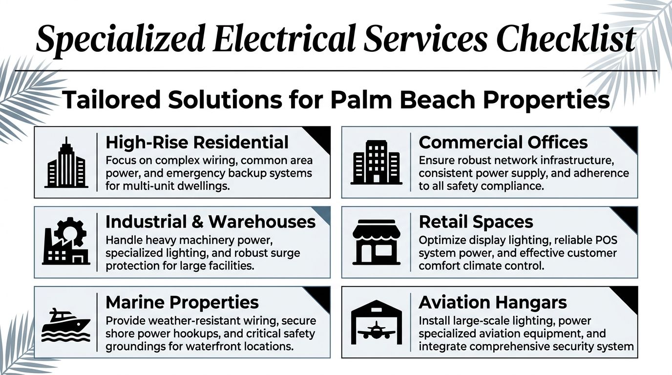 A checklist of specialized electrical services provided by Try For Electric Inc for various Palm Beach properties.