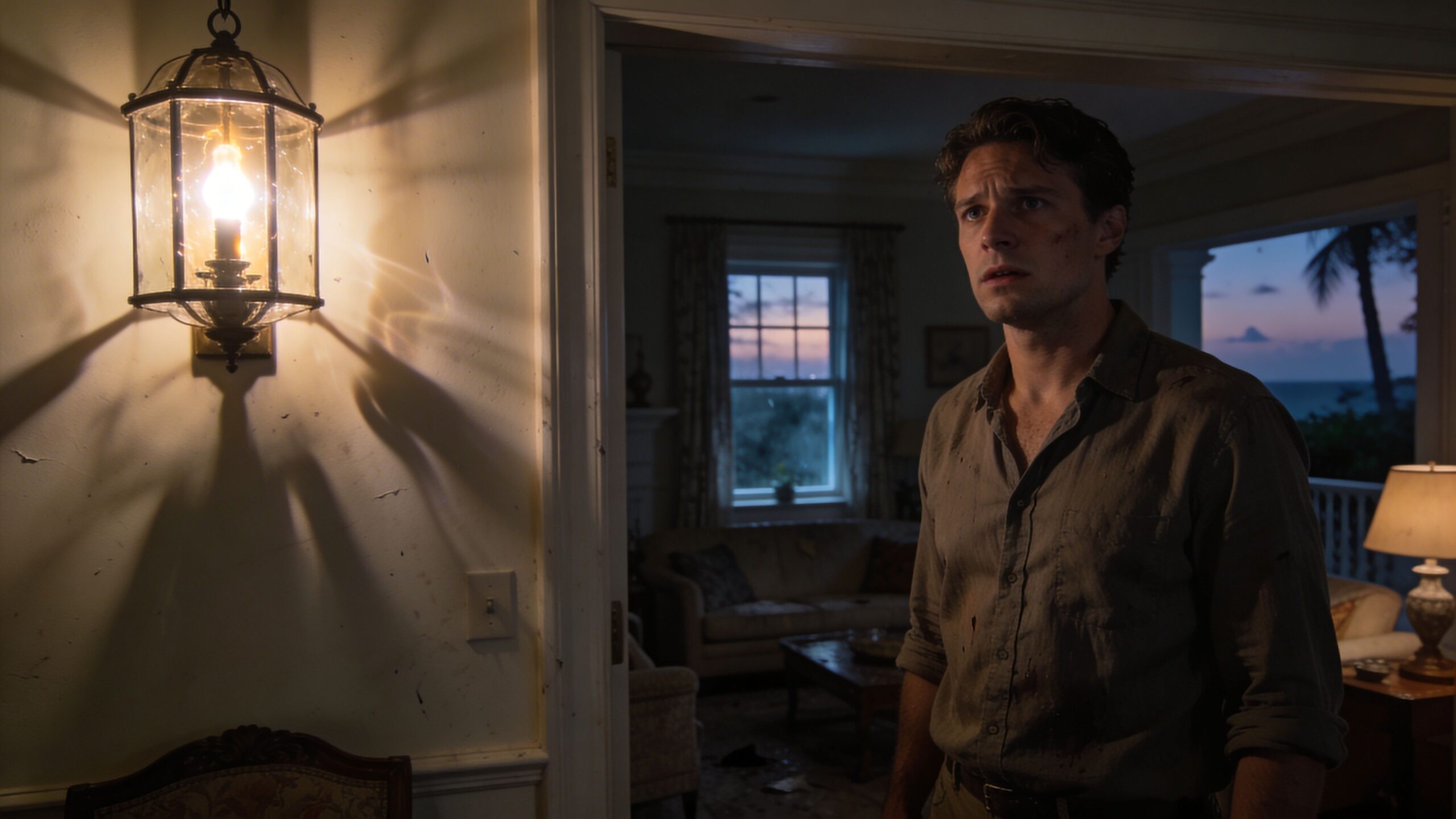 A distressed man standing in a dimly lit hallway next to a glowing wall lantern at night.