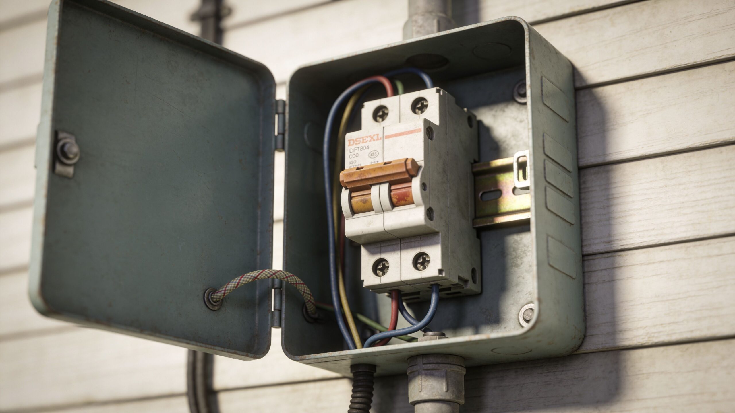 A close-up view of an open electrical breaker box mounted on a light-colored outdoor wall.