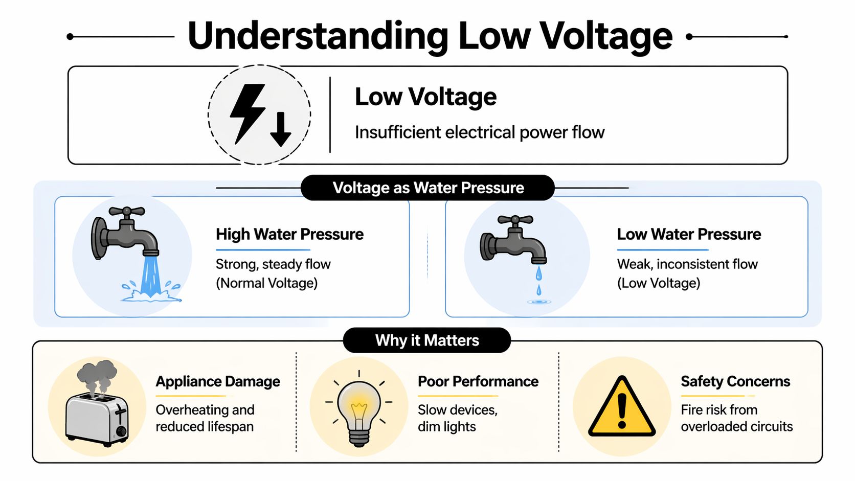An infographic explaining low voltage using a water pressure analogy and detailing its negative impact on appliances.