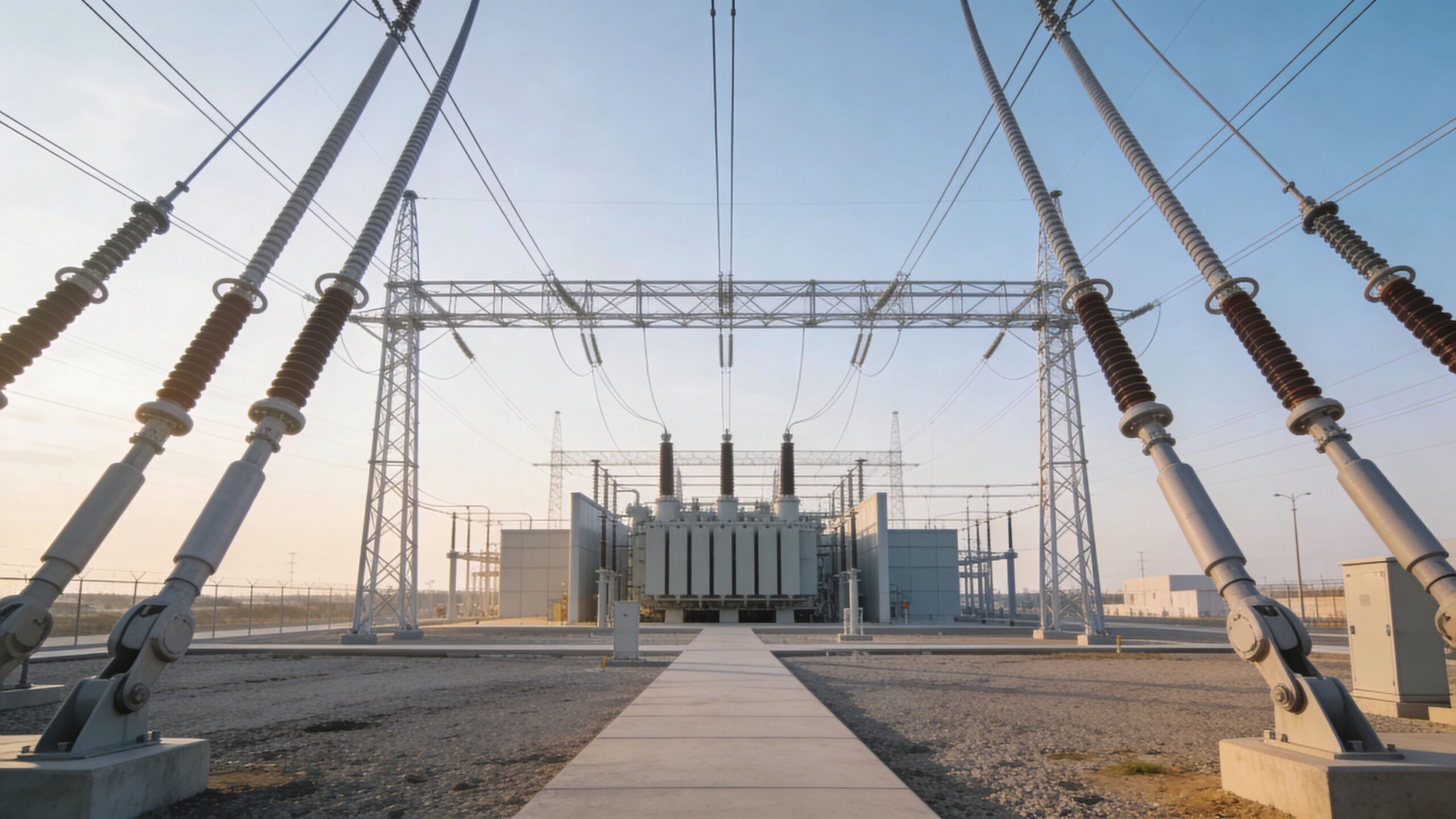 A large industrial power transformer station with high voltage transmission equipment and structural metal towers at sunset.
