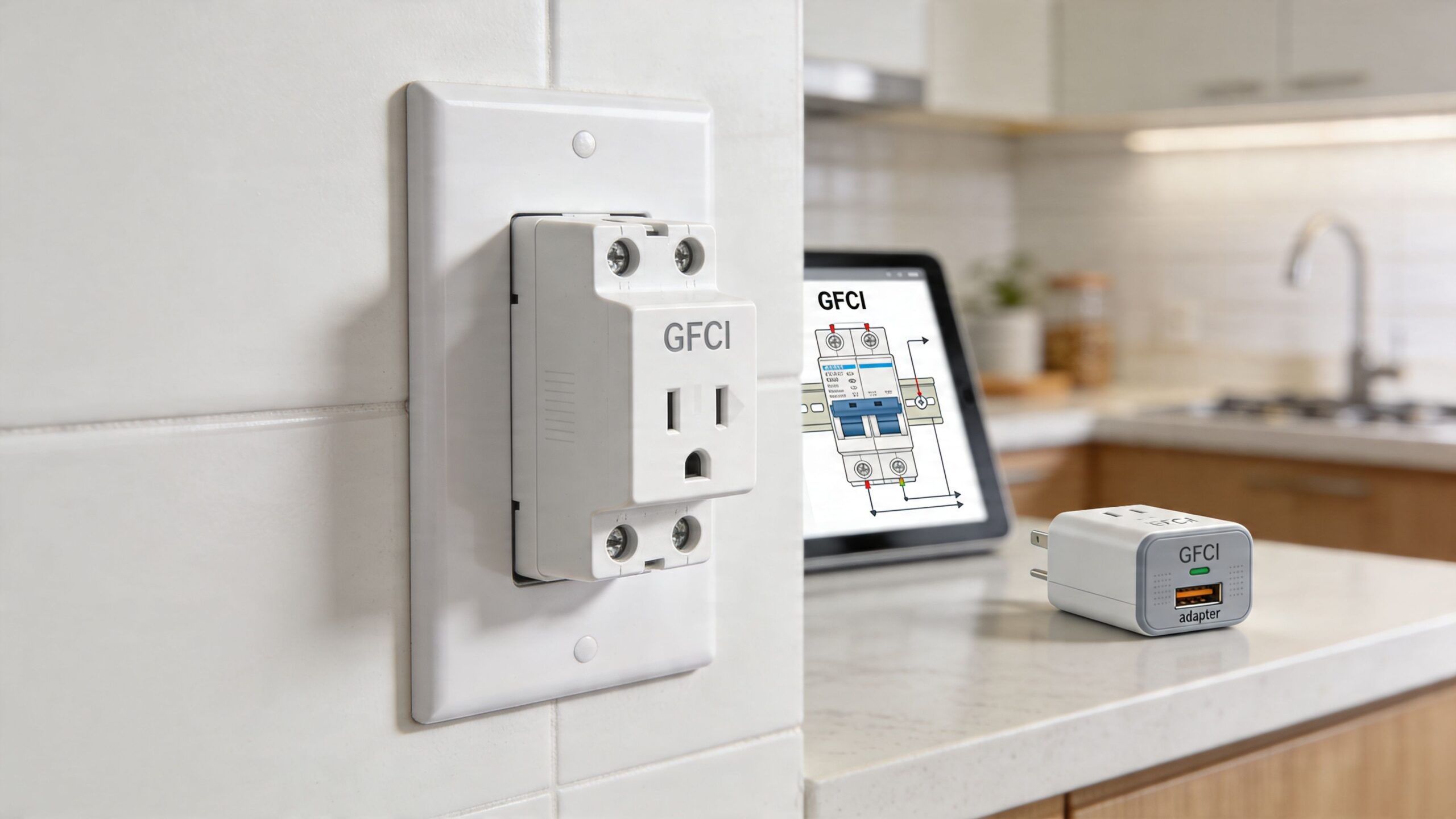 what is a ground fault circuit interrupter gfci adapter scaled What Is a Ground Fault Circuit Interrupter? A Guide The most common homeowner complaint isn’t “What is a ground fault circuit interrupter?” It’s “Why does this thing keep tripping?” A wall-mounted GFCI outlet and a portable GFCI adapter placed on a kitchen counter next to a tablet.