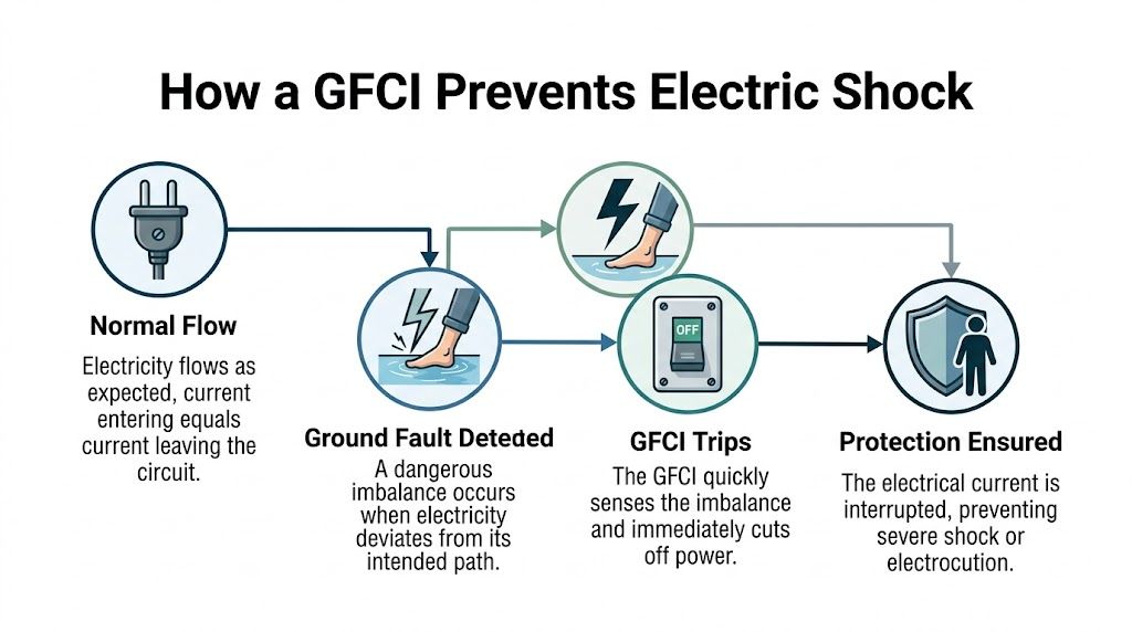 what is a ground fault circuit interrupter gfci diagram What Is a Ground Fault Circuit Interrupter? A Guide The most common homeowner complaint isn’t “What is a ground fault circuit interrupter?” It’s “Why does this thing keep tripping?” A diagram illustrating how a GFCI outlet detects ground faults and interrupts power to prevent electric shock.