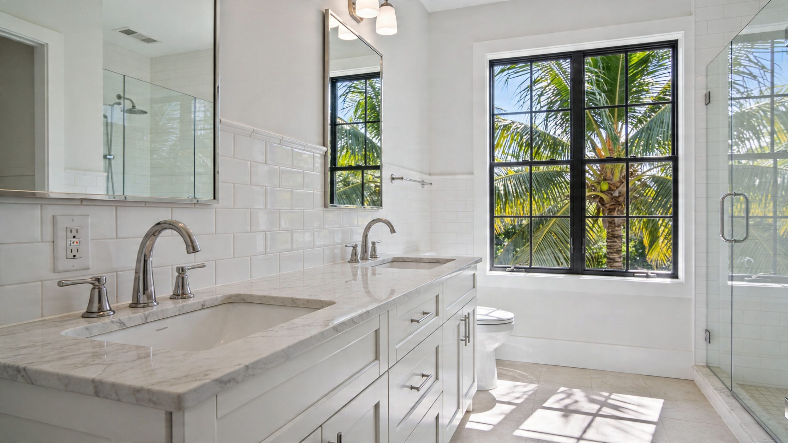 what is a ground fault circuit interrupter modern bathroom scaled What Is a Ground Fault Circuit Interrupter? A Guide The most common homeowner complaint isn’t “What is a ground fault circuit interrupter?” It’s “Why does this thing keep tripping?” A bright, modern bathroom featuring a double marble vanity, subway tile backsplash, and a large window view.