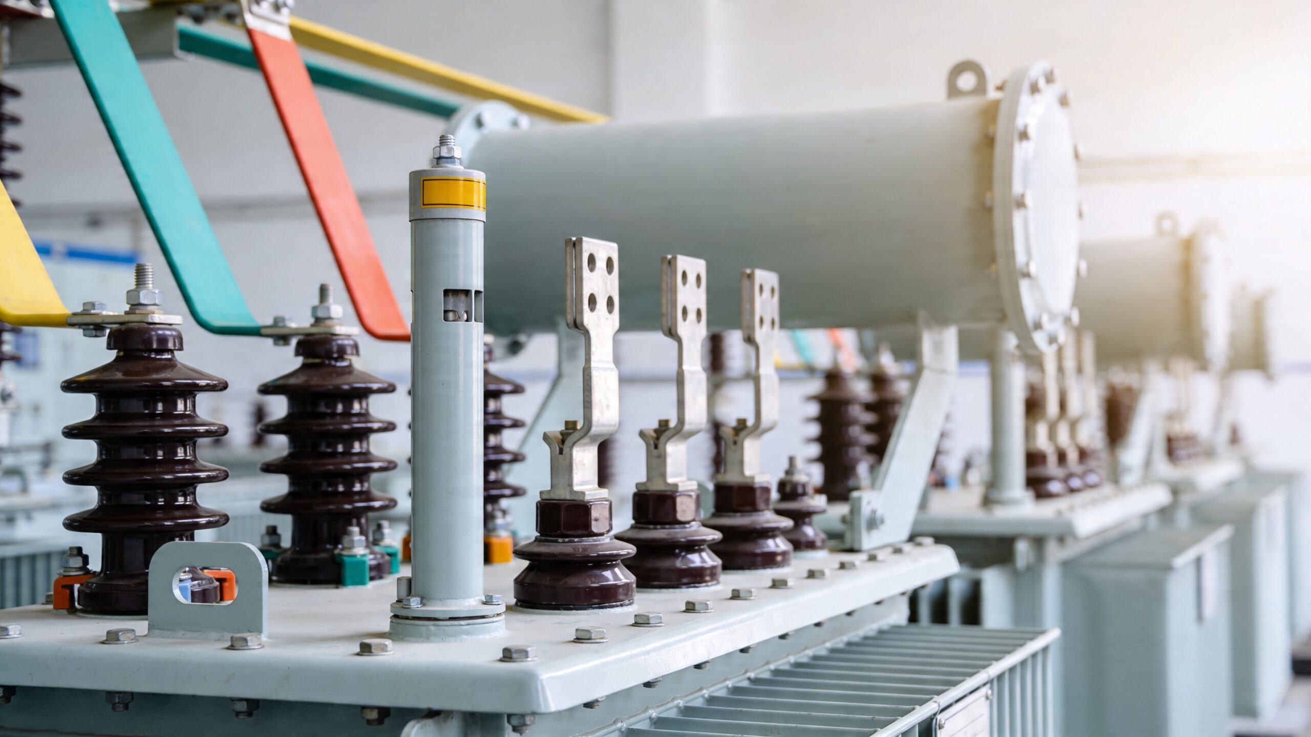 Close-up of industrial electrical equipment featuring ceramic insulators and metal busbars inside a power substation.