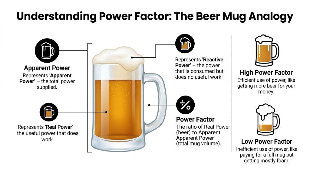 An infographic explaining power factor using a beer mug analogy to illustrate real, reactive, and apparent power.