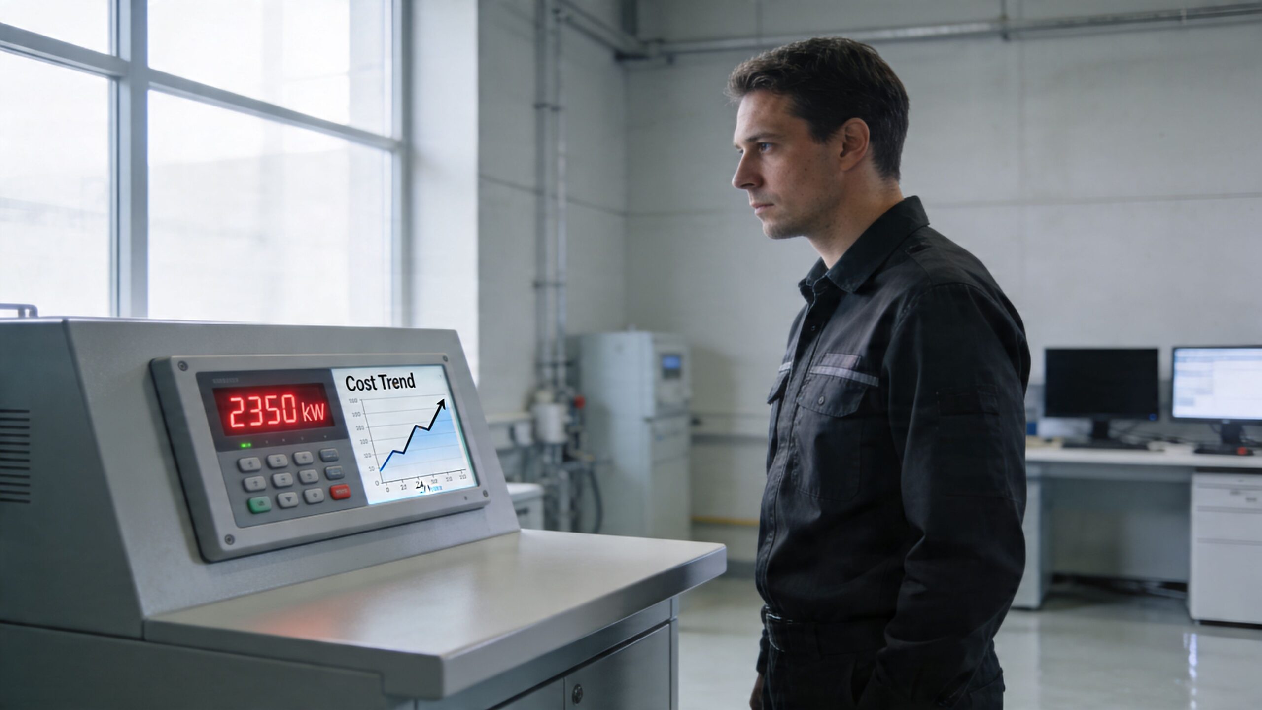 A professional technician observing a digital dashboard showing power consumption and an upward cost trend graph.