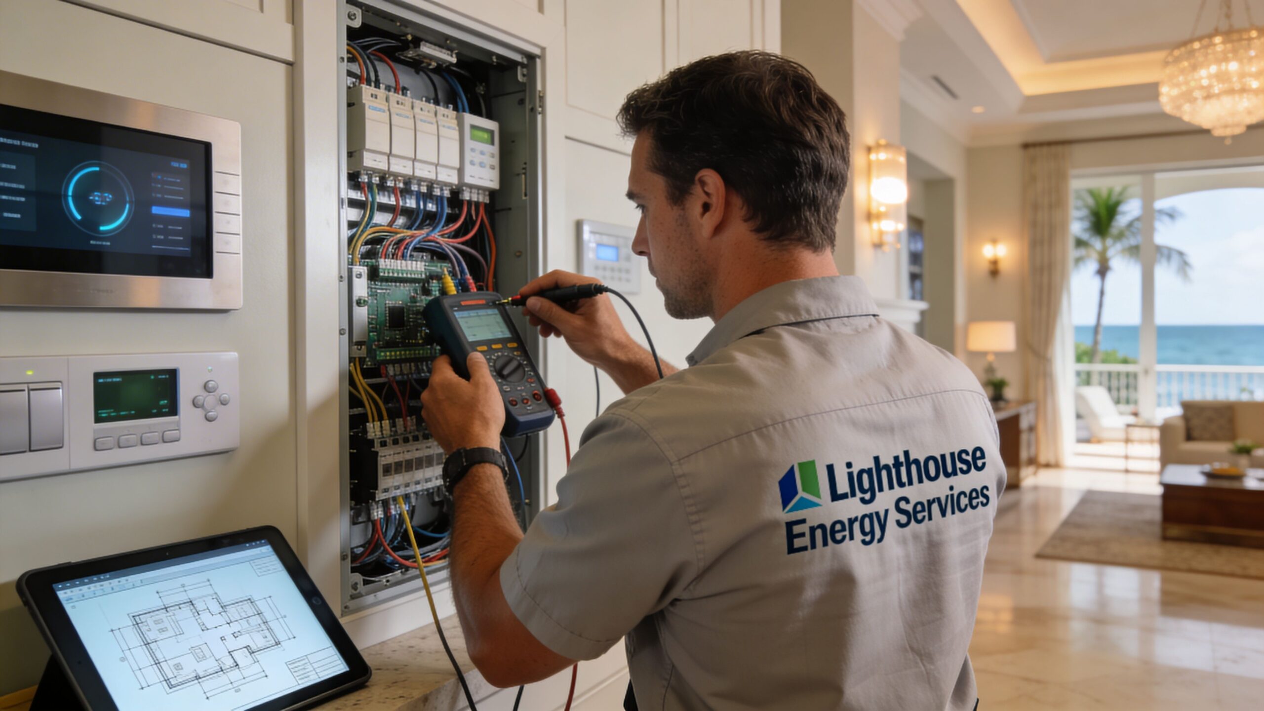 A professional technician from Lighthouse Energy Services testing a residential electrical panel with a multimeter.