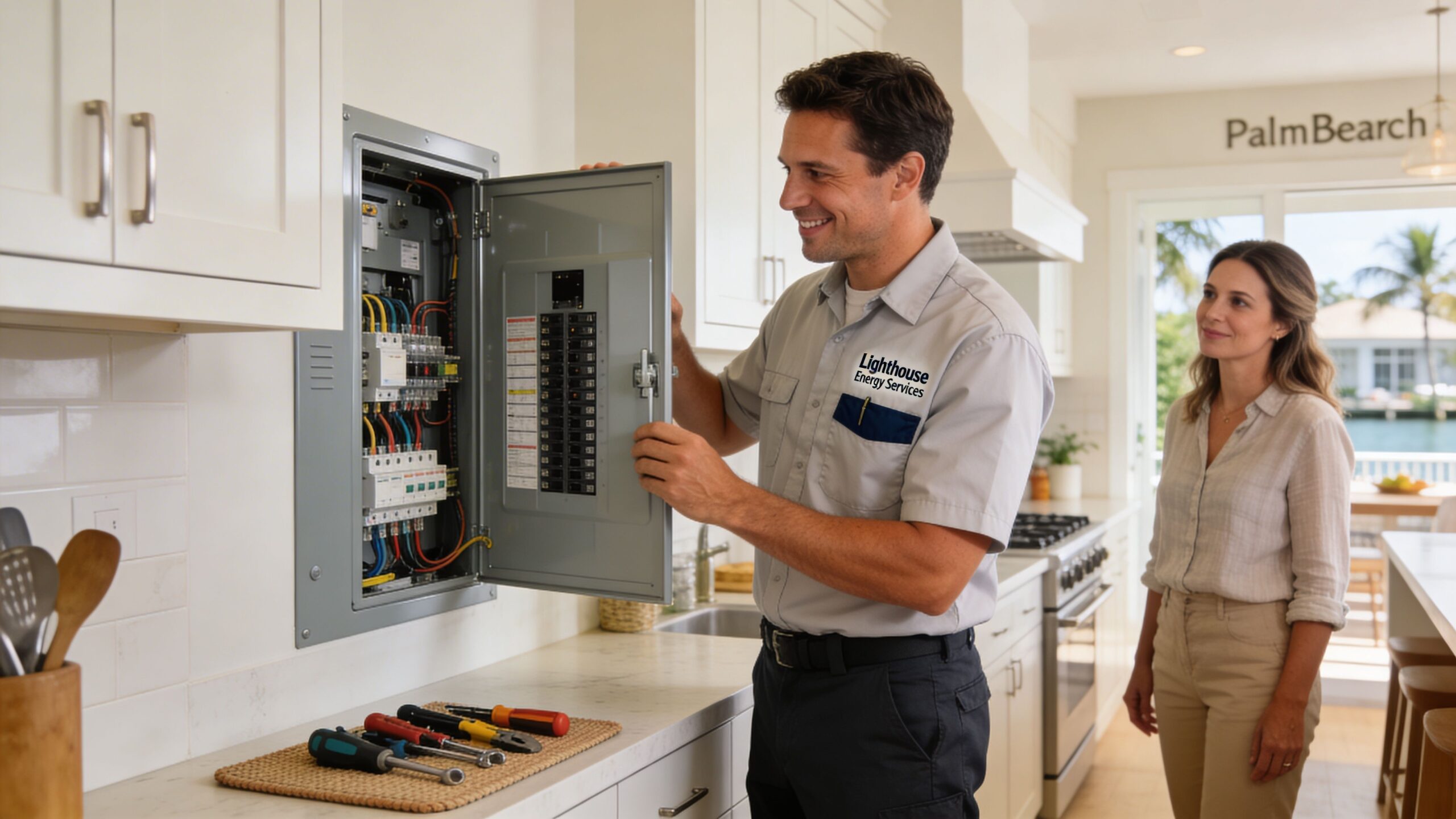 A professional electrician from Lighthouse Energy Services repairing a residential electrical panel while a client looks on.