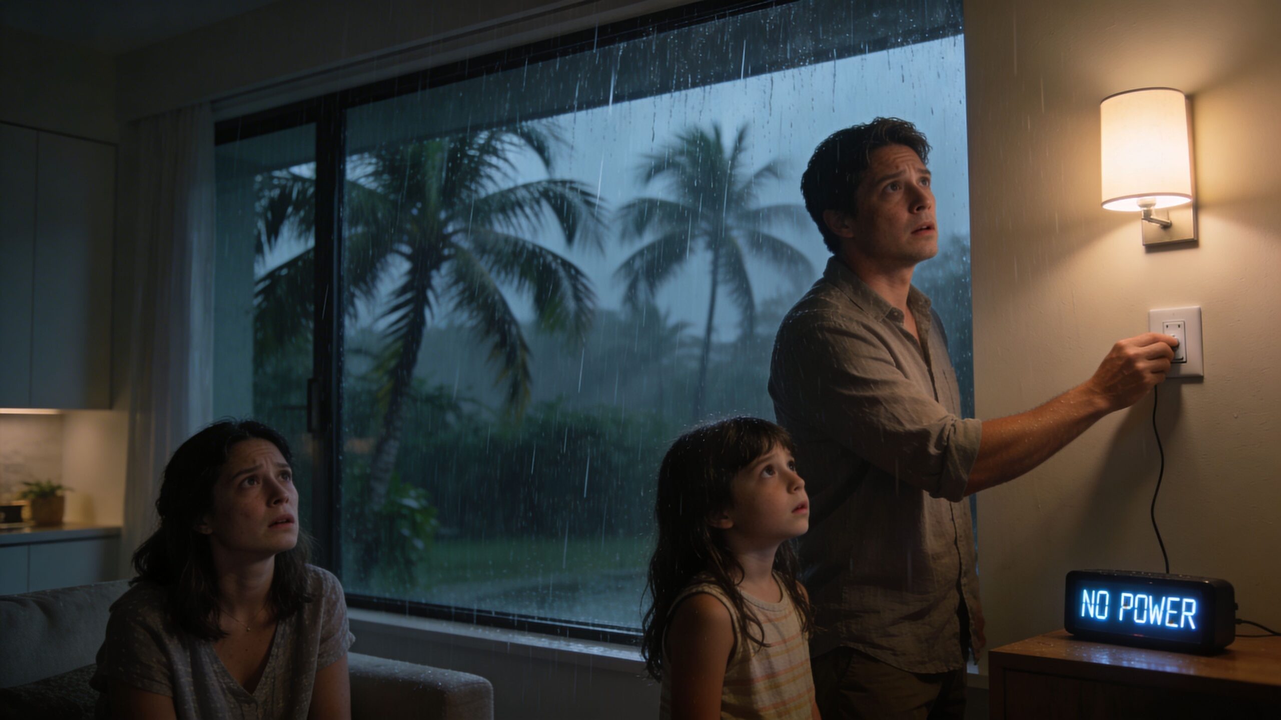 A concerned family watches a stormy night outside while their electronic clock displays the text NO POWER.