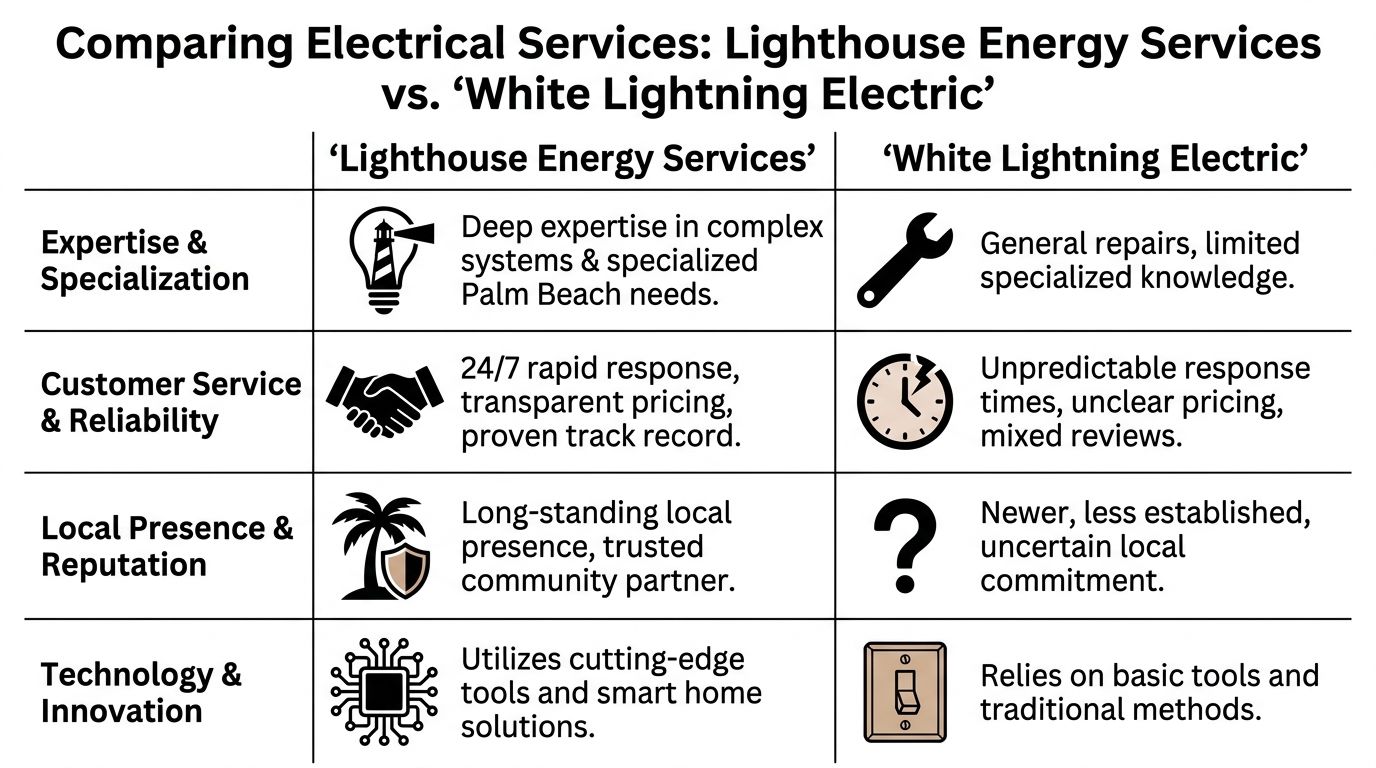 A comparison table contrasting the electrical services of Lighthouse Energy Services and White Lightning Electric.