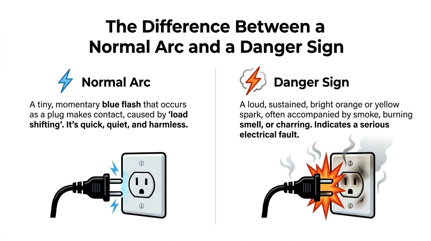 why does my outlet spark when i plug something in electrical safety Why Does My Outlet Spark When I Plug Something In? If you’ve been searching why does my outlet spark when i plug something in, the short answer is this: some sparks are normal, some are not, and the details matter. Color, sound, frequency, smell, and what was plugged in all help tell the story. An infographic showing the difference between a normal, harmless electrical plug arc and a dangerous electrical fault.