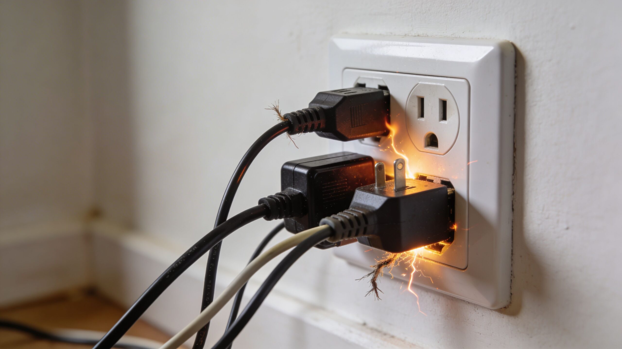 why does my outlet spark when i plug something in electrical spark scaled Why Does My Outlet Spark When I Plug Something In? If you’ve been searching why does my outlet spark when i plug something in, the short answer is this: some sparks are normal, some are not, and the details matter. Color, sound, frequency, smell, and what was plugged in all help tell the story. An electrical outlet sparking dangerously while multiple plugs are inserted, showing damaged and frayed power cords.