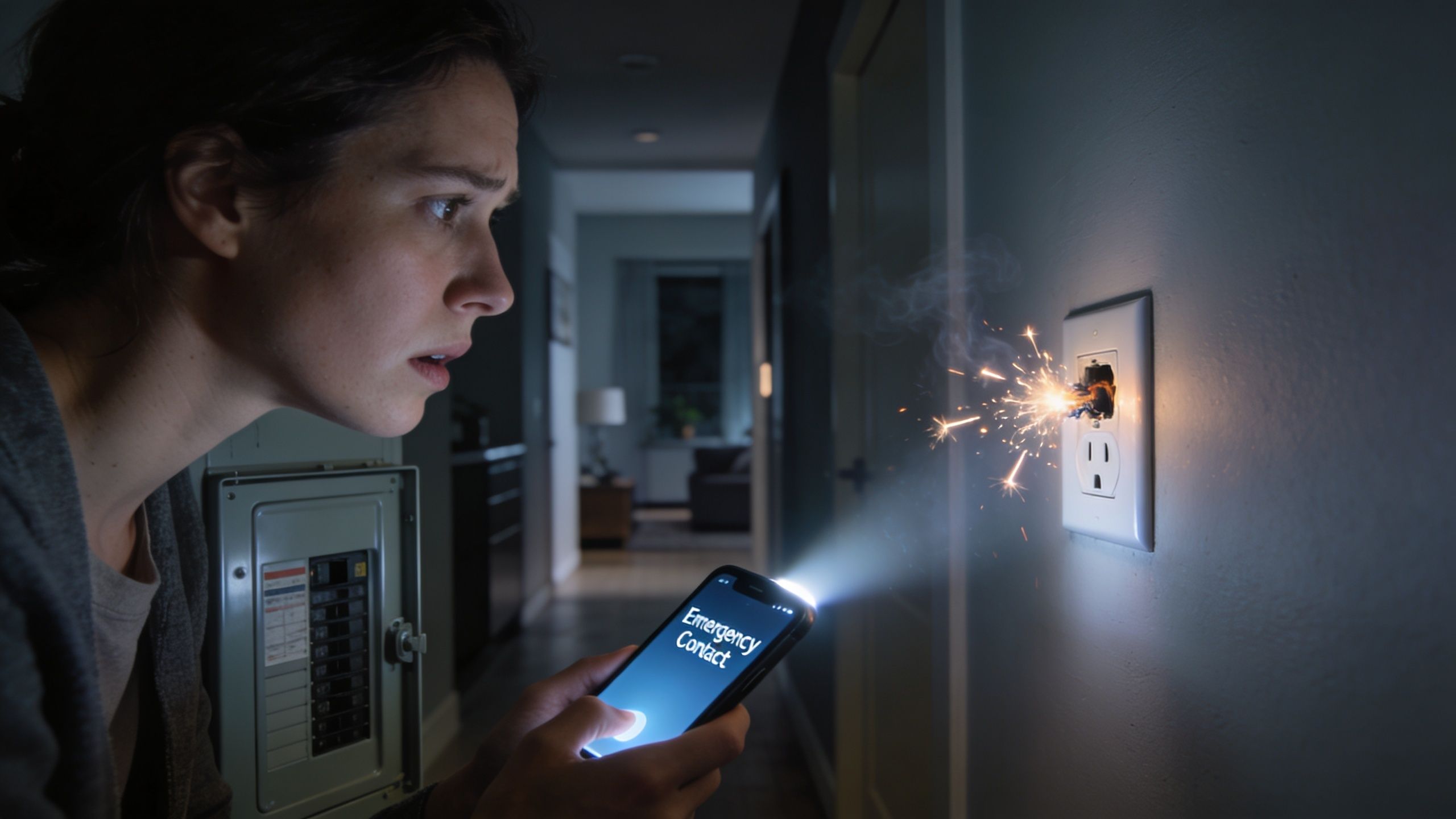 A concerned woman illuminates a sparking electrical wall outlet in her home with her smartphone flashlight.