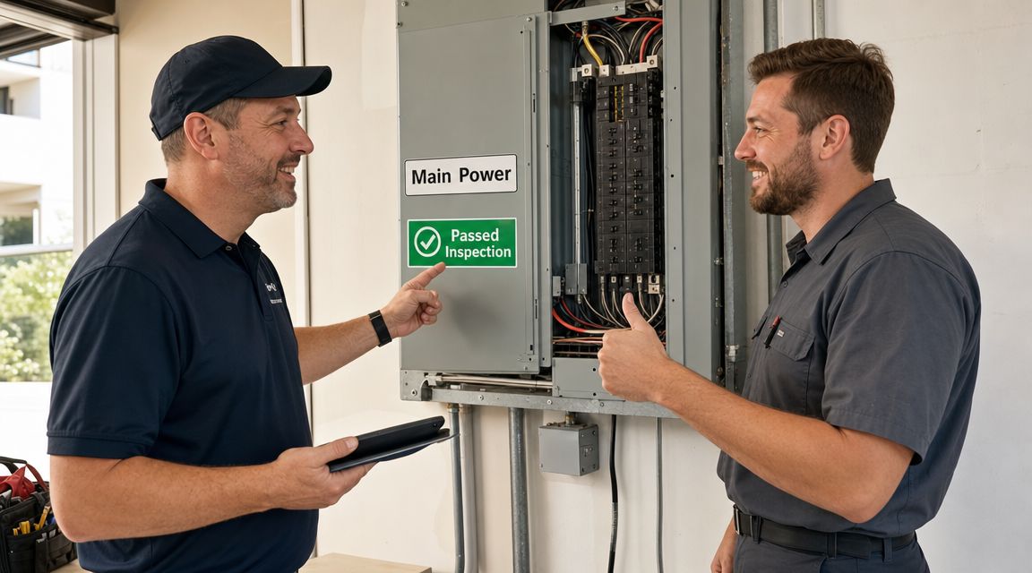 code violation correction electrician florida electrical inspection Expert Code Violation Correction Electrician Florida The good news is that most electrical violations are fixable. The bad news is that they only get resolved when the repair and the paperwork line up. If you need a Code violation correction electrician Florida property owners can rely on, you need someone who understands both the wiring and the closing process that gets the violation officially cleared. Two professional electricians reviewing a passed electrical panel inspection in a commercial or residential building.