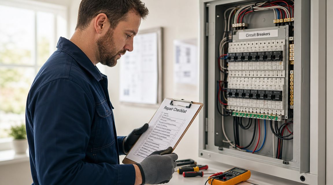 code violation correction electrician florida electrician inspection Expert Code Violation Correction Electrician Florida The good news is that most electrical violations are fixable. The bad news is that they only get resolved when the repair and the paperwork line up. If you need a Code violation correction electrician Florida property owners can rely on, you need someone who understands both the wiring and the closing process that gets the violation officially cleared. An electrician wearing gloves reviews a repair checklist while inspecting an open residential electrical circuit breaker panel.