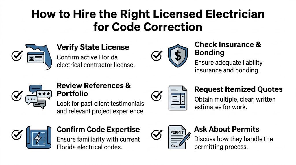 code violation correction electrician florida hiring guide Expert Code Violation Correction Electrician Florida The good news is that most electrical violations are fixable. The bad news is that they only get resolved when the repair and the paperwork line up. If you need a Code violation correction electrician Florida property owners can rely on, you need someone who understands both the wiring and the closing process that gets the violation officially cleared. A helpful infographic showing six key steps to hire a qualified licensed electrician for code corrections in Florida.
