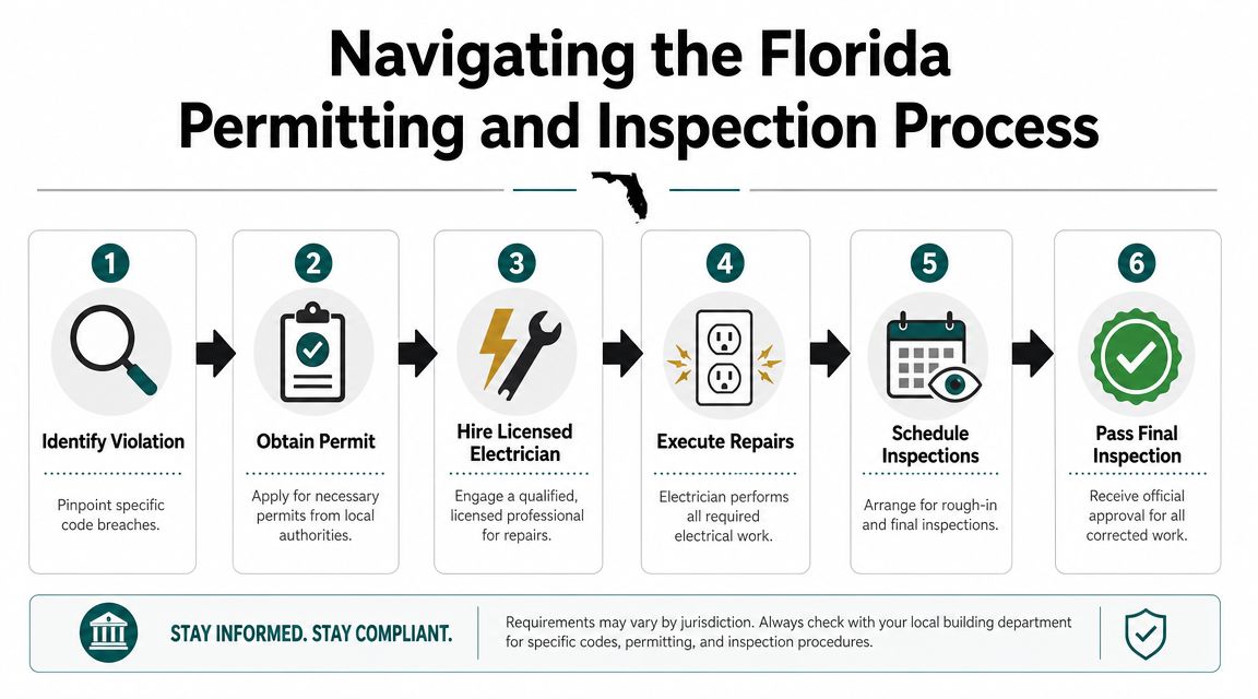 code violation correction electrician florida permitting process Expert Code Violation Correction Electrician Florida The good news is that most electrical violations are fixable. The bad news is that they only get resolved when the repair and the paperwork line up. If you need a Code violation correction electrician Florida property owners can rely on, you need someone who understands both the wiring and the closing process that gets the violation officially cleared. A flow chart illustrating the six-step process for Florida electrical permitting and inspection compliance.
