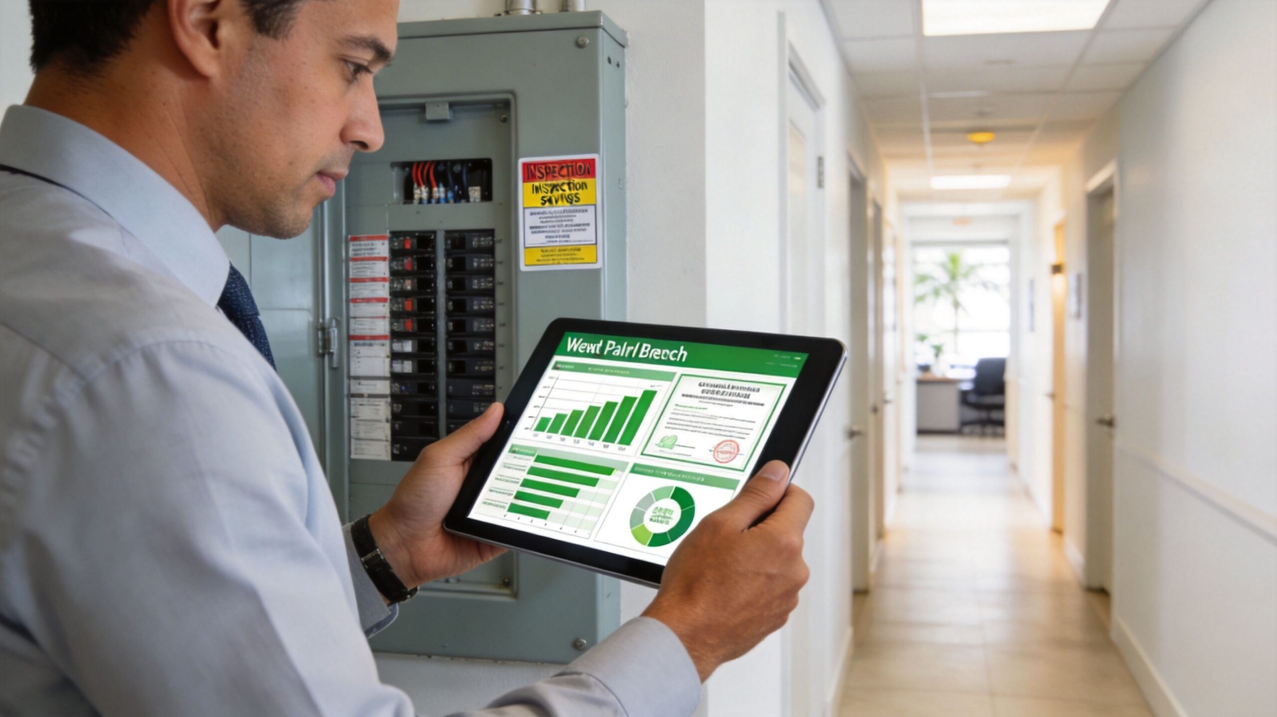 A professional man inspecting an electrical breaker panel while reviewing digital performance data on his tablet.