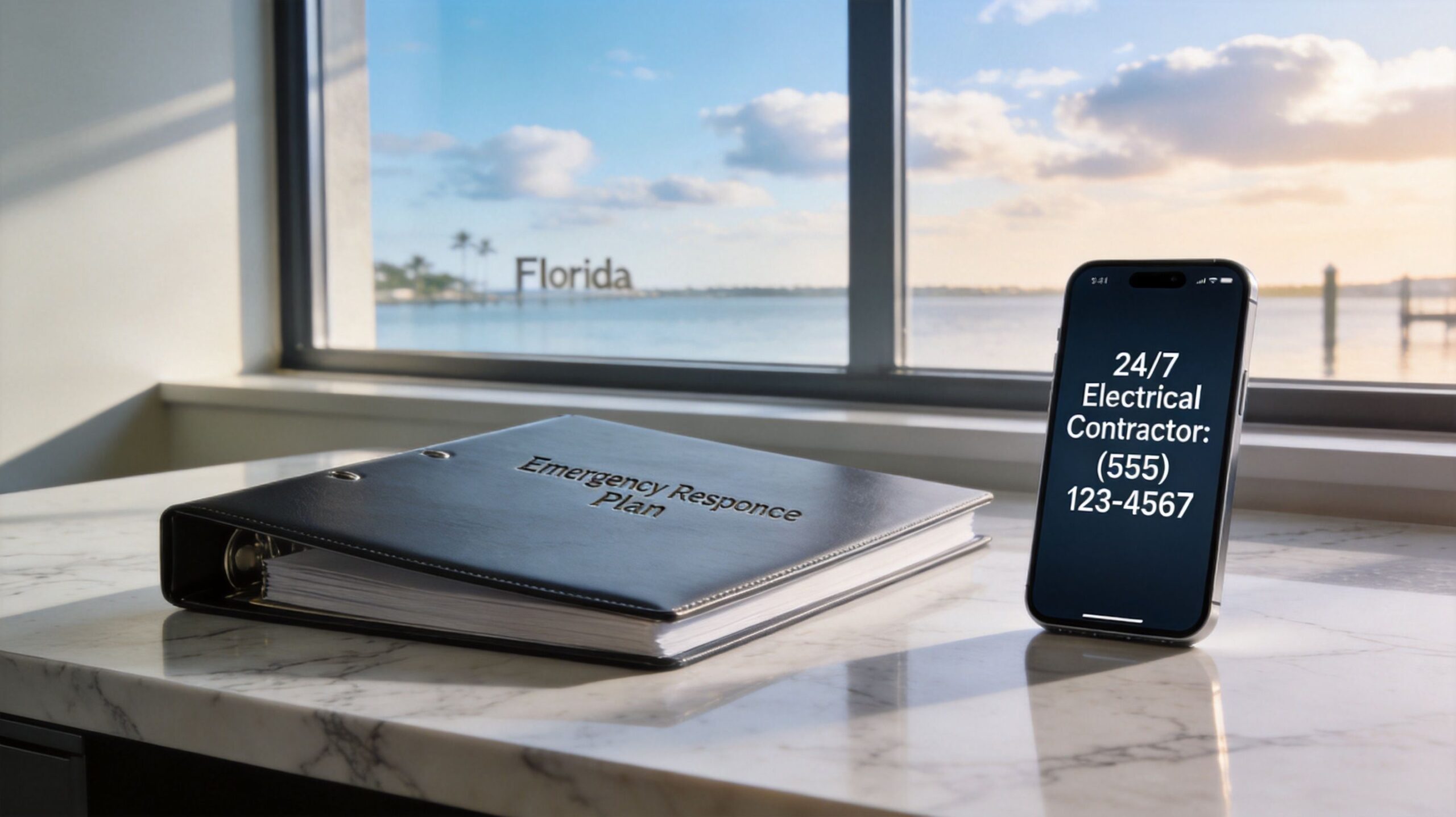 A black binder and a smartphone displaying an electrical contractor phone number on a marble table.