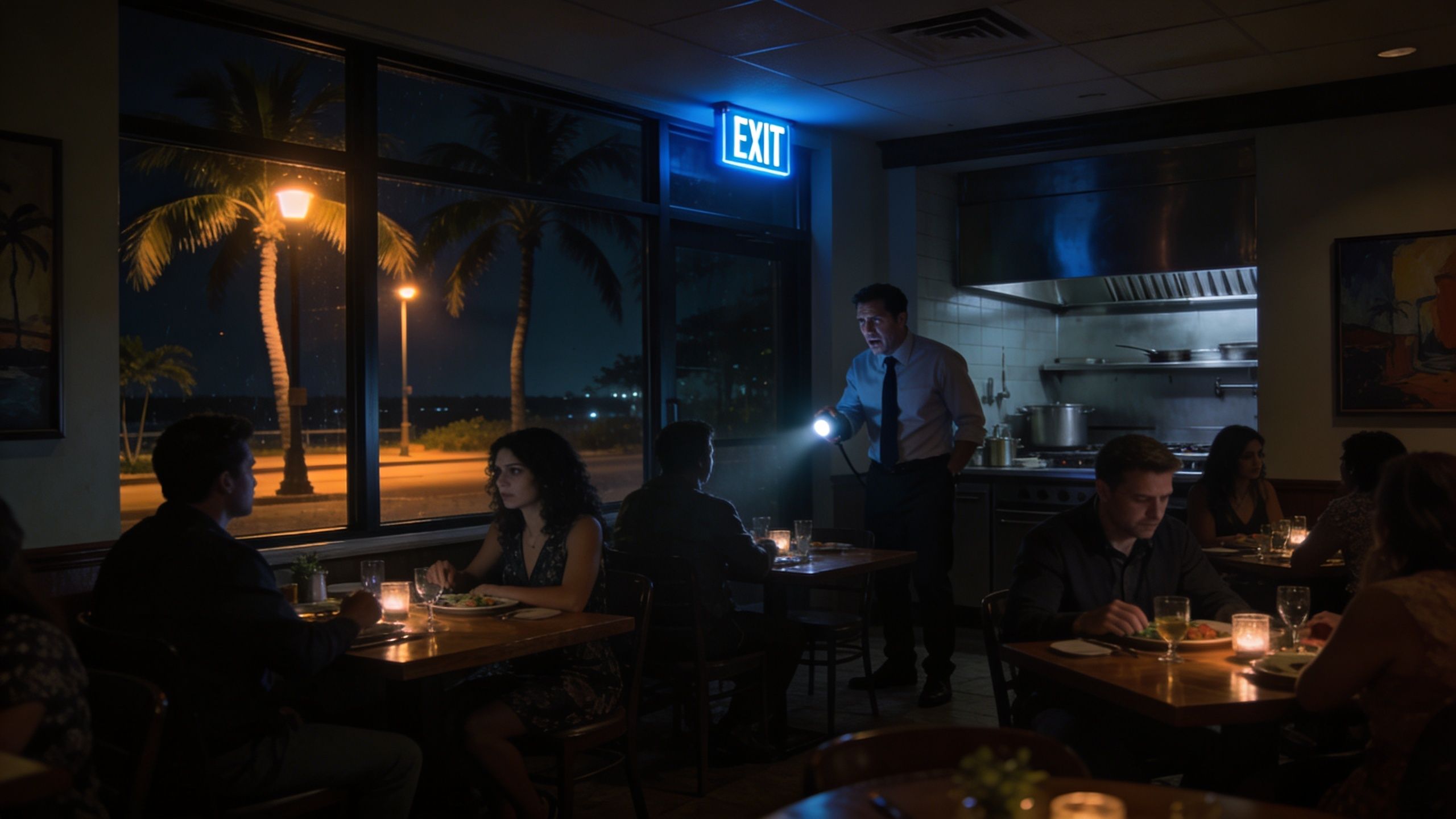 A man using a flashlight to investigate a restaurant during a power outage at night.