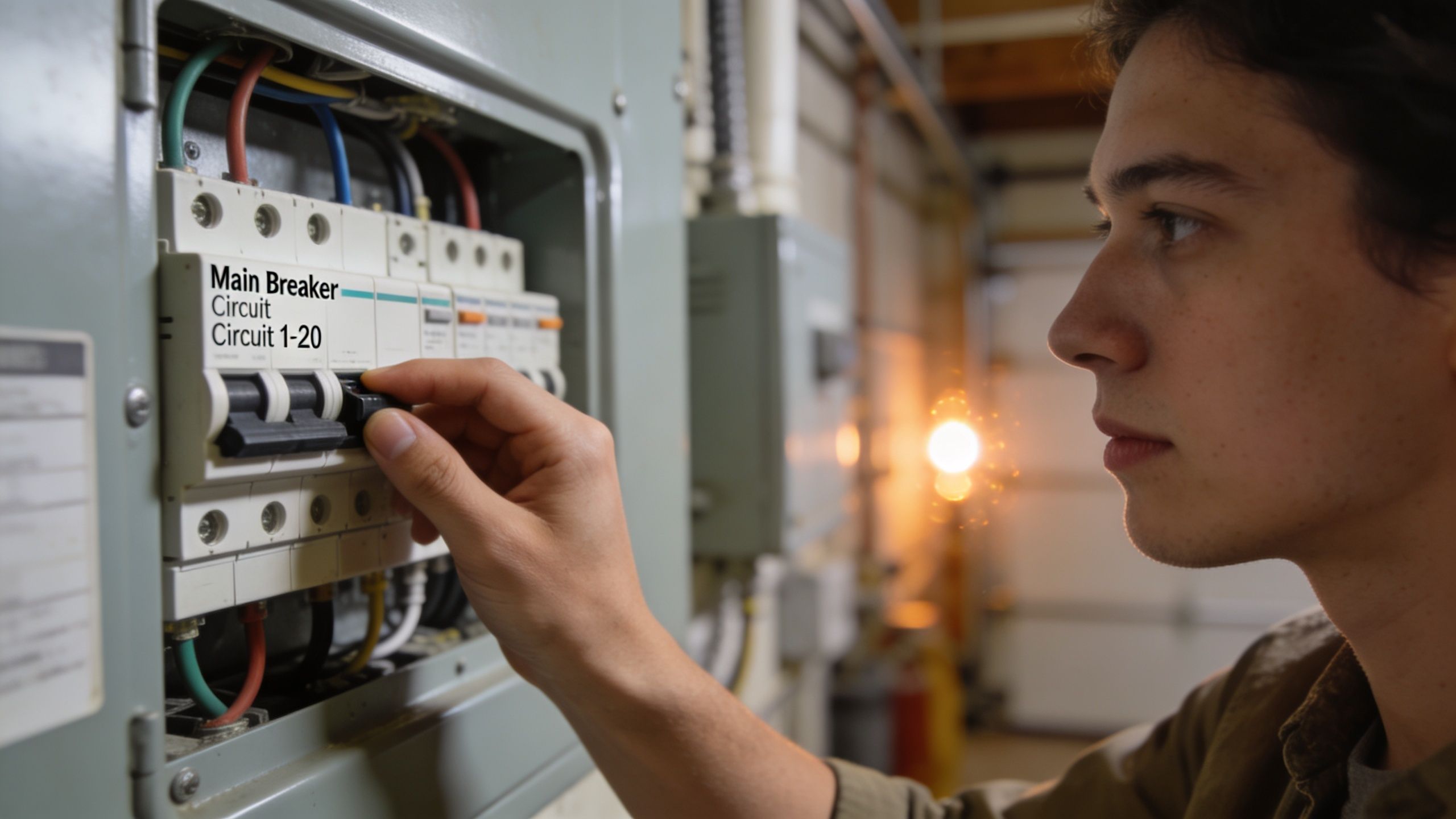 A young man carefully flipping a circuit breaker switch inside an electrical service panel in a workshop.